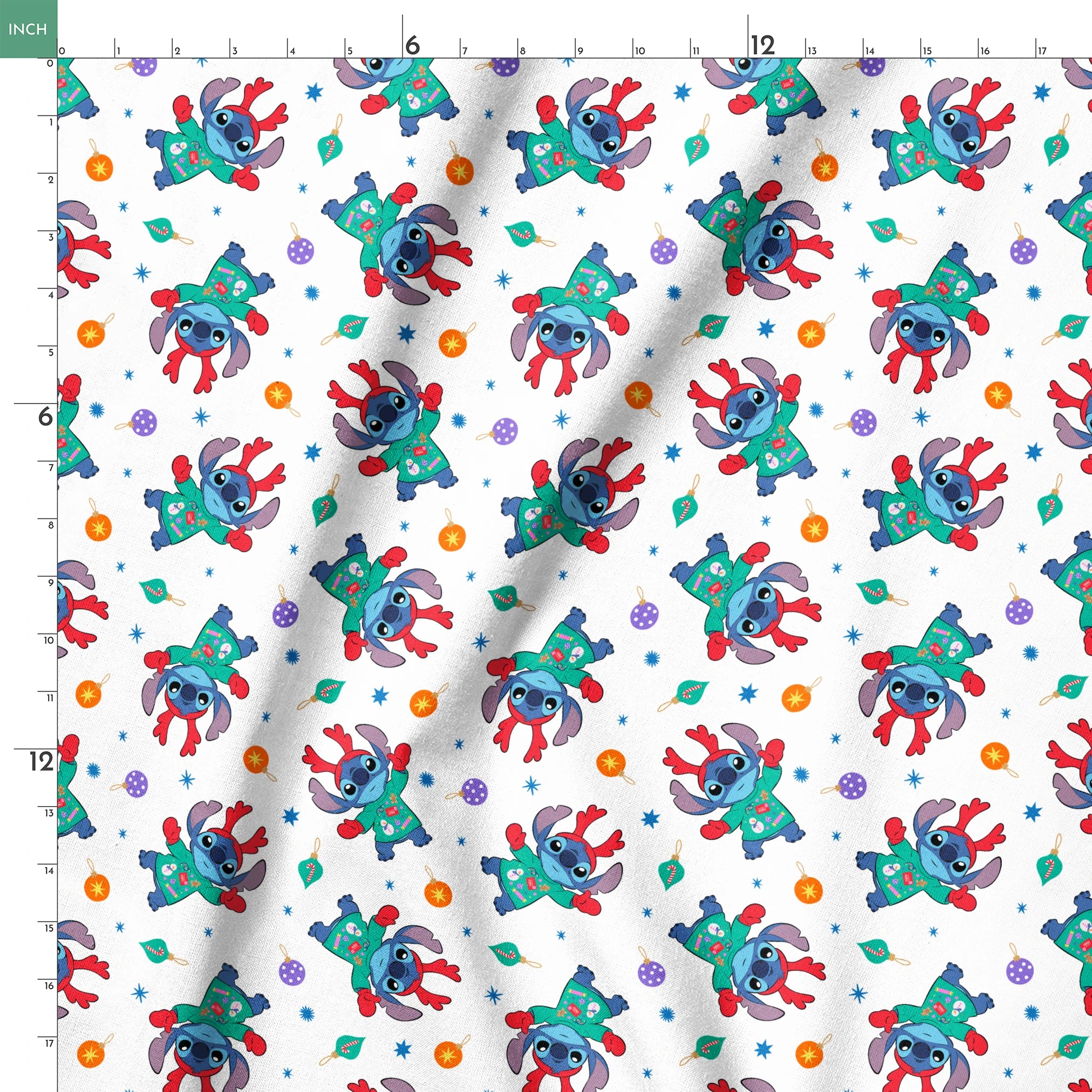 Disney's Stitch wearing green Christmas sweater and red scarf in repeating pattern with ornaments and stars. springs ruler 18x18