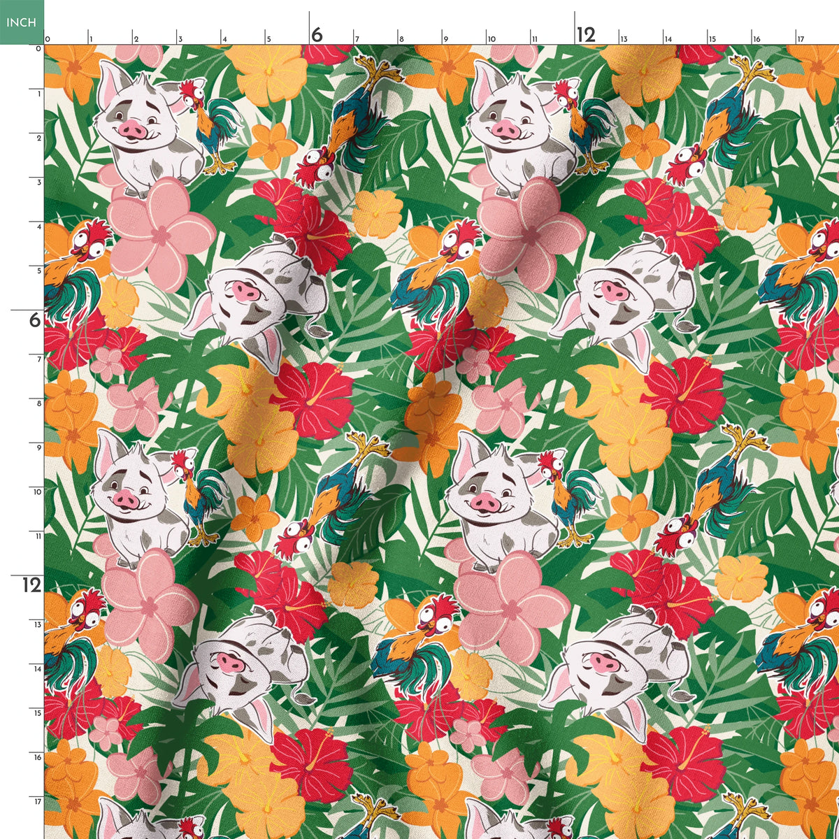 Cartoon pigs peeking through vibrant tropical flowers in red, orange, yellow, and pink among green foliage springs ruler 18x18