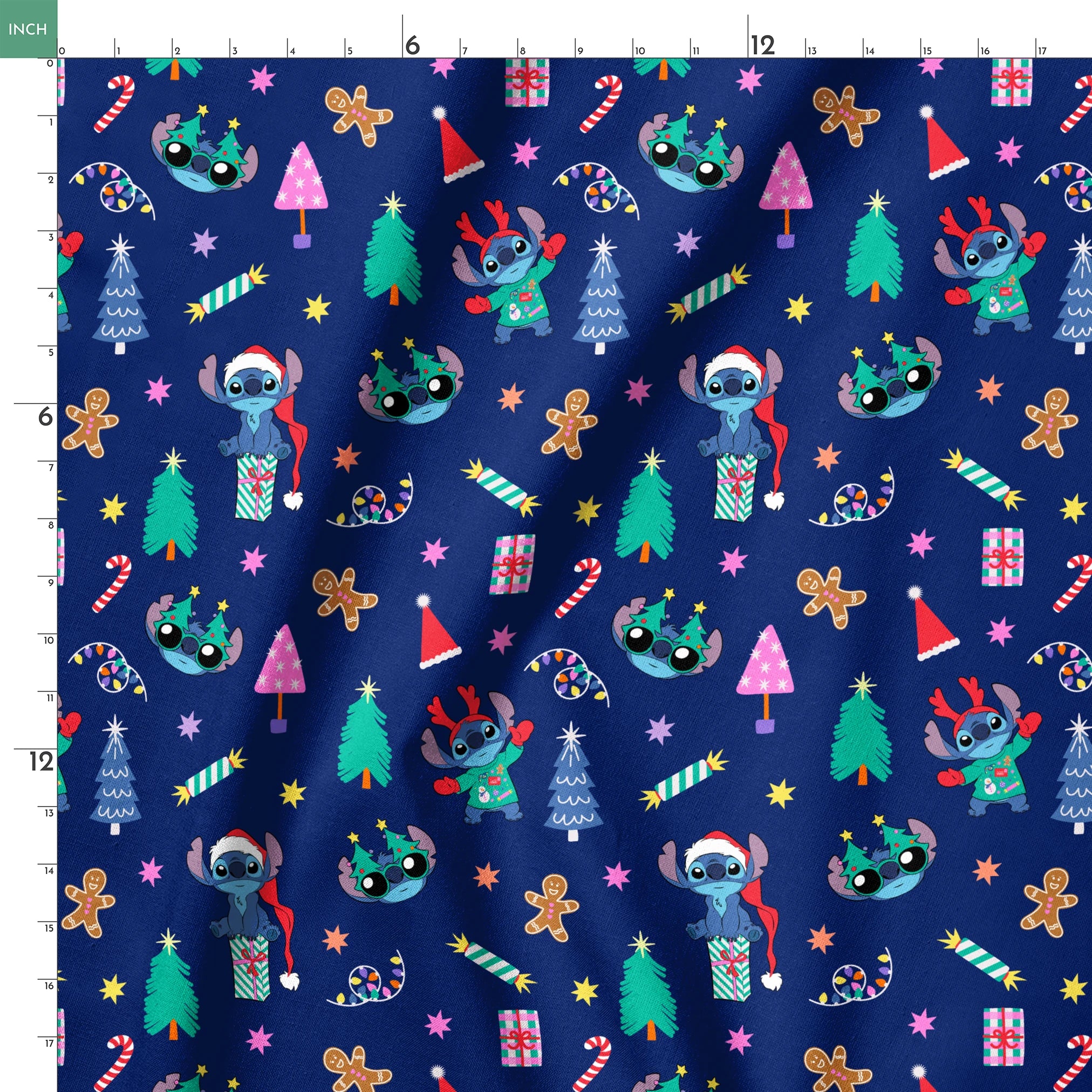 Festive Christmas pattern with Stitch, trees, candy canes, presents, and gingerbread men on navy background springs ruler 18x18