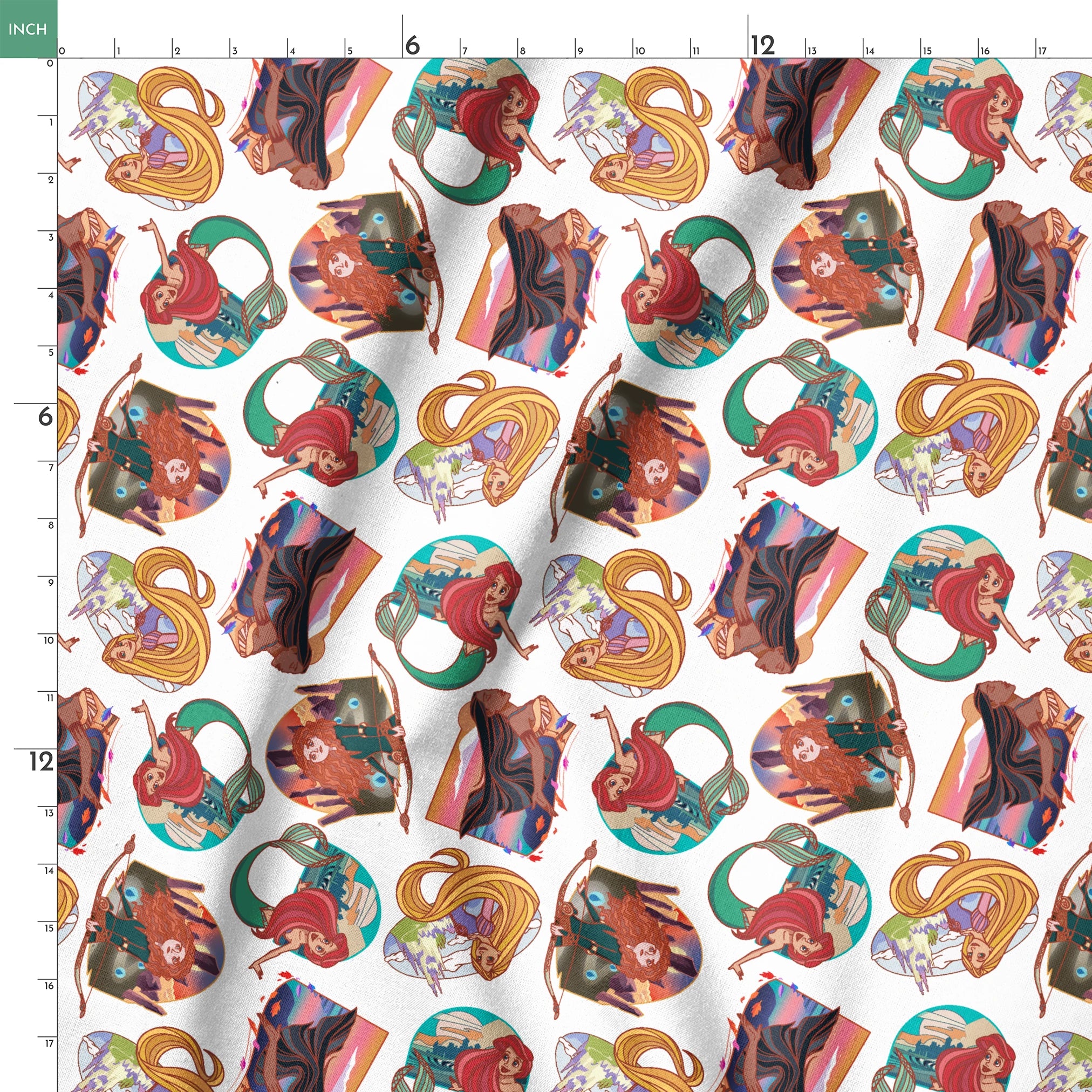 Colorful illustrated pattern of Disney princesses with curved decorative elements on white background springs ruler 18x18