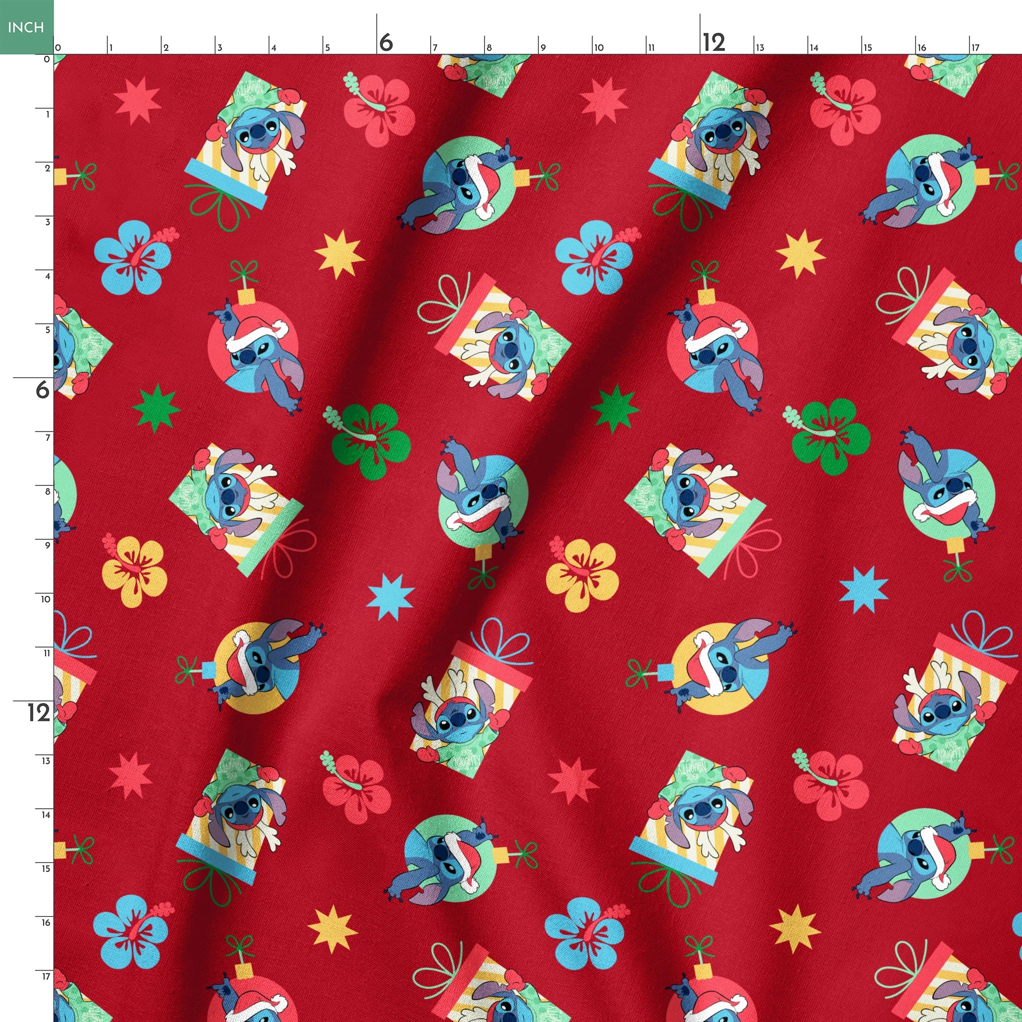 Disney Stitch pattern on red background with flowers and decorative elements springs ruler 18x18