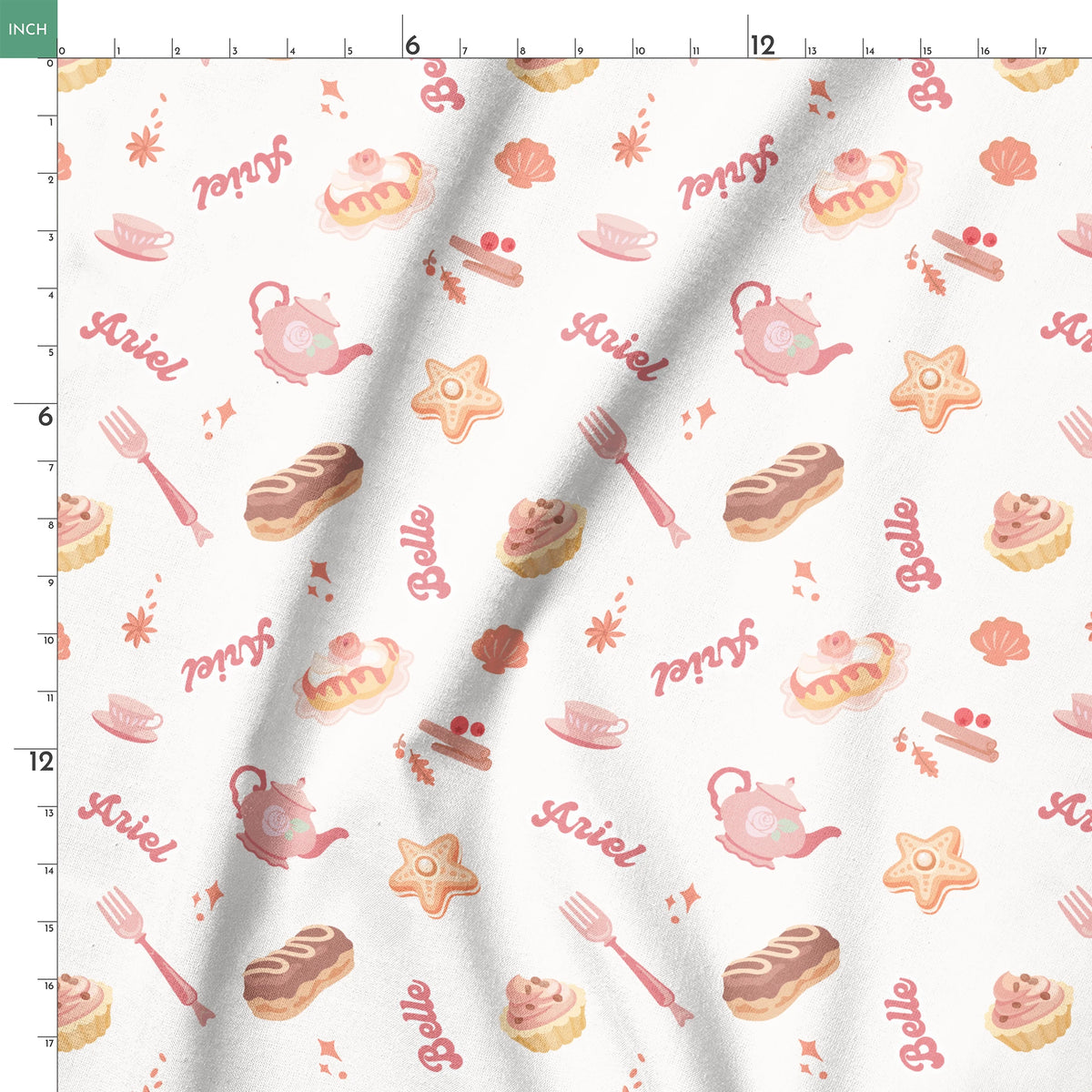 Disney Princess bakery pattern with desserts, teapot, teacup, and text on cream background springs ruler 18x18