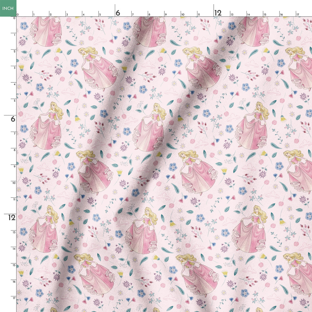 Disney's Sleeping Beauty surrounded by scattered flowers and leaves on light pink background springs ruler 18x18