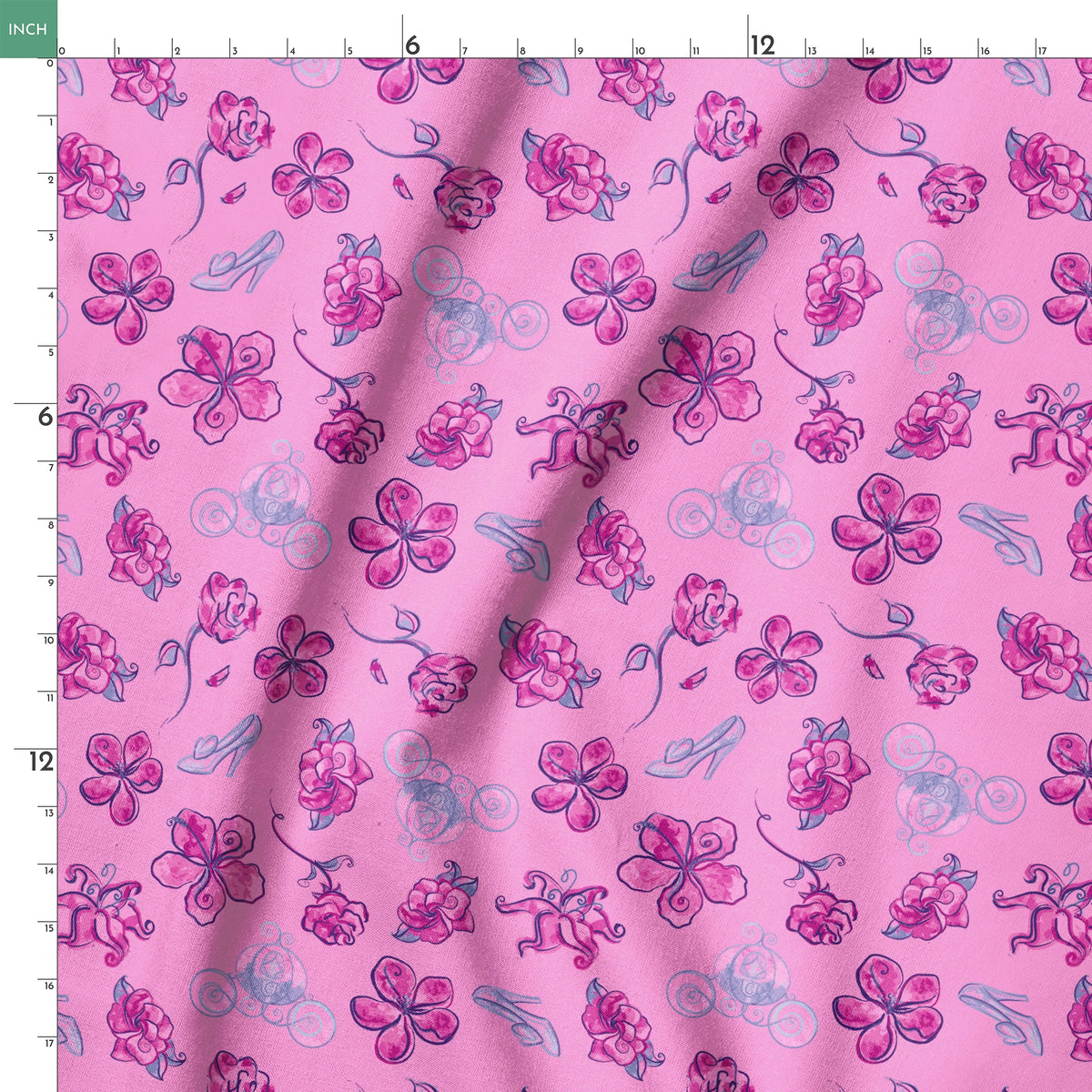 Whimsical Cinderella pattern of purple flowers, roses, and glass slipper outlines on pink background springs ruler 18x18