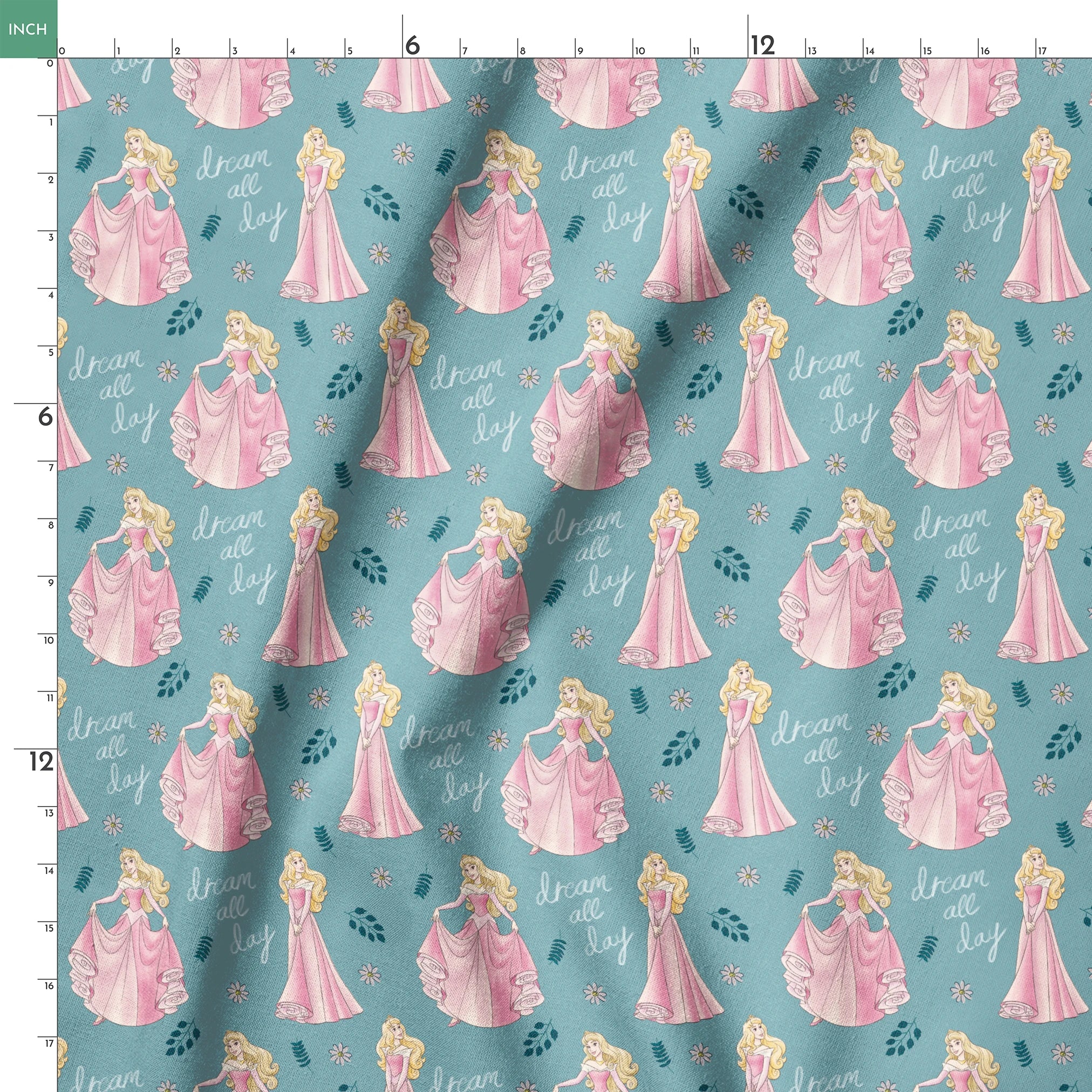 Sleeping Beauty pattern with "dream all day" text on teal background with floral elements springs ruler 18x18