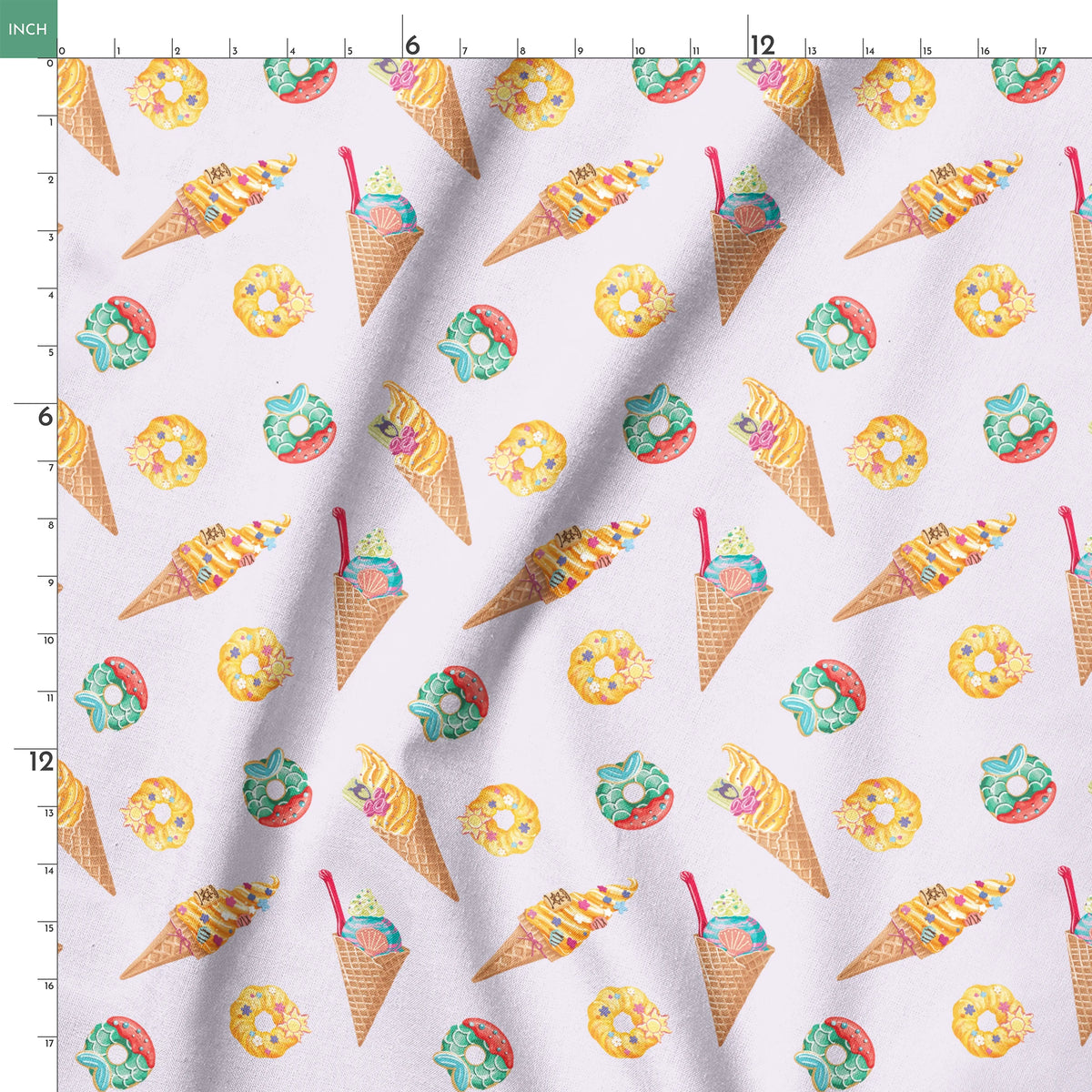 Colorful Disney Princess-inspired ice cream cones and donuts in pastel colors on light purple background springs ruler 18x18