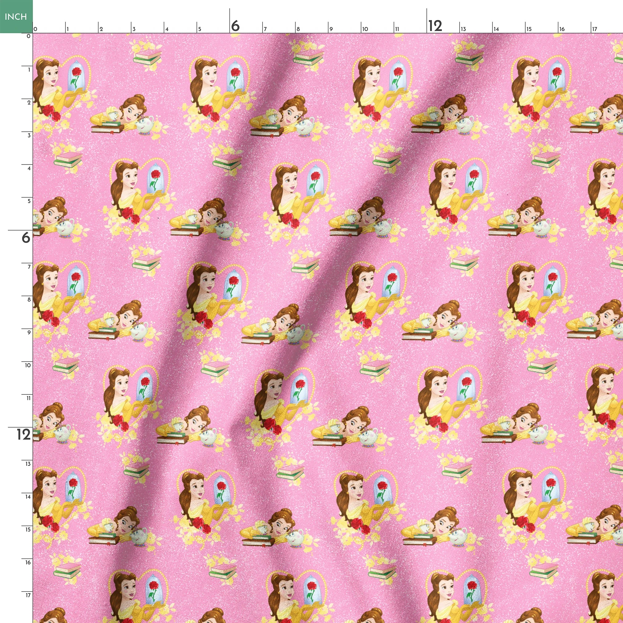 Repeating pattern of Disney's Belle character with enchanted rose and books on pink sparkly background springs ruler 18x18