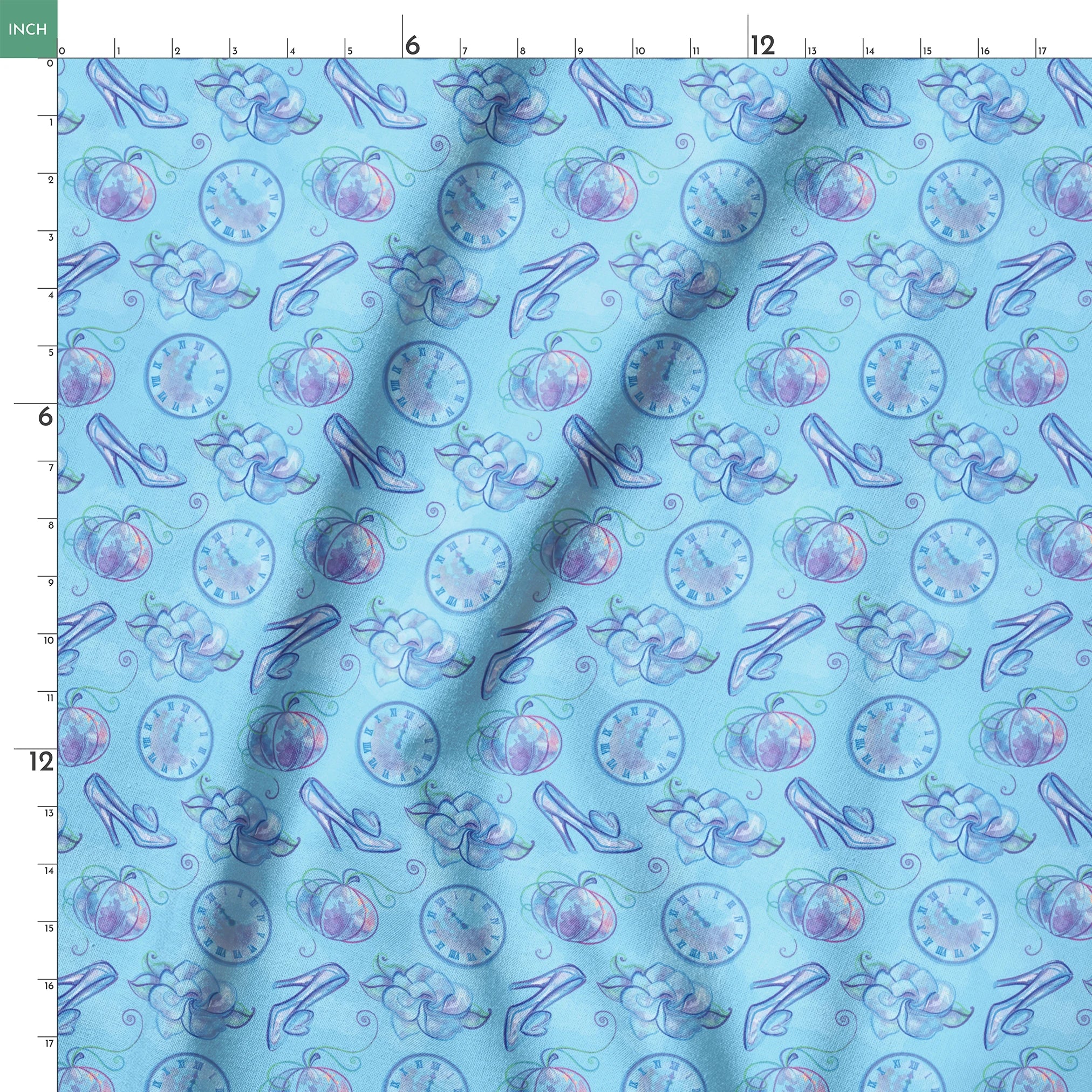 Whimsical Cinderella-themed pattern with glass slippers, pumpkins, clocks, and ribbons in soft blue and purple tones springs ruler 18x18