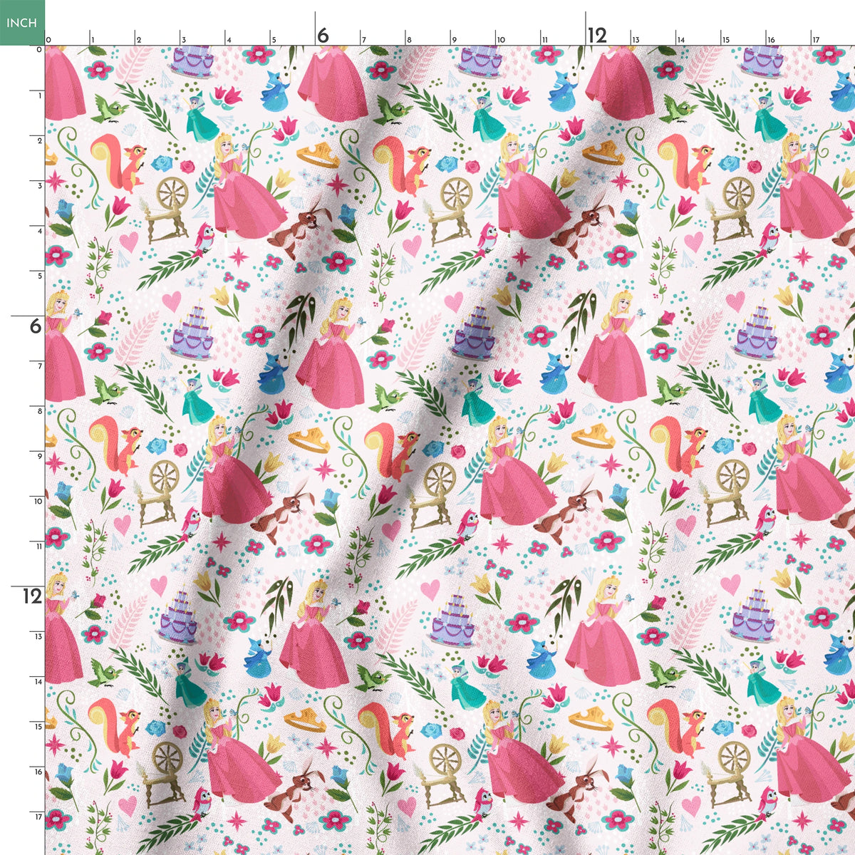 Colorful Sleeping Beauty pattern with Aurora, animals, flowers, spinning wheel, and cake on light background springs ruler 18x18