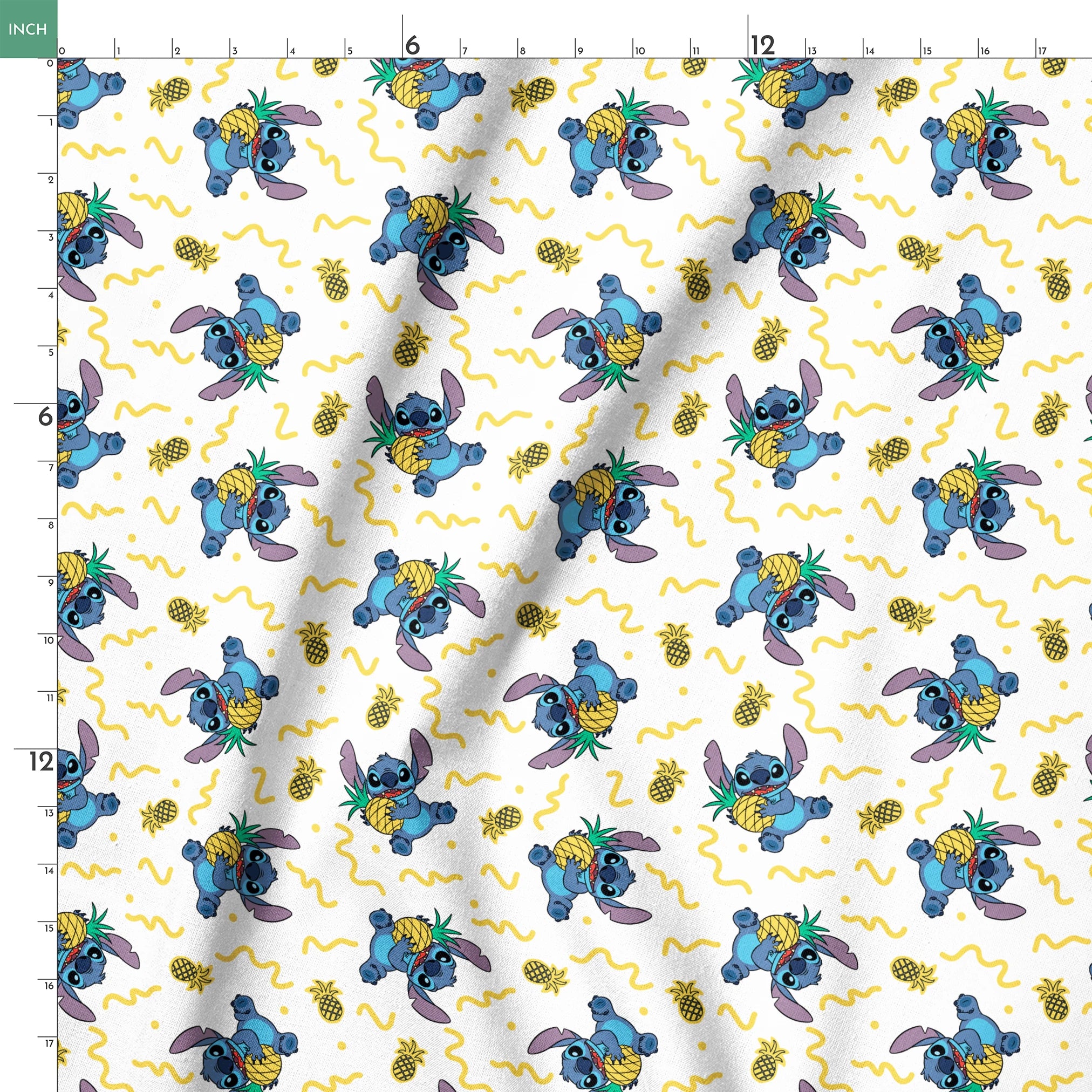 Disney's Stitch holding pineapples with yellow squiggly lines on white background pattern springs ruler 18x18