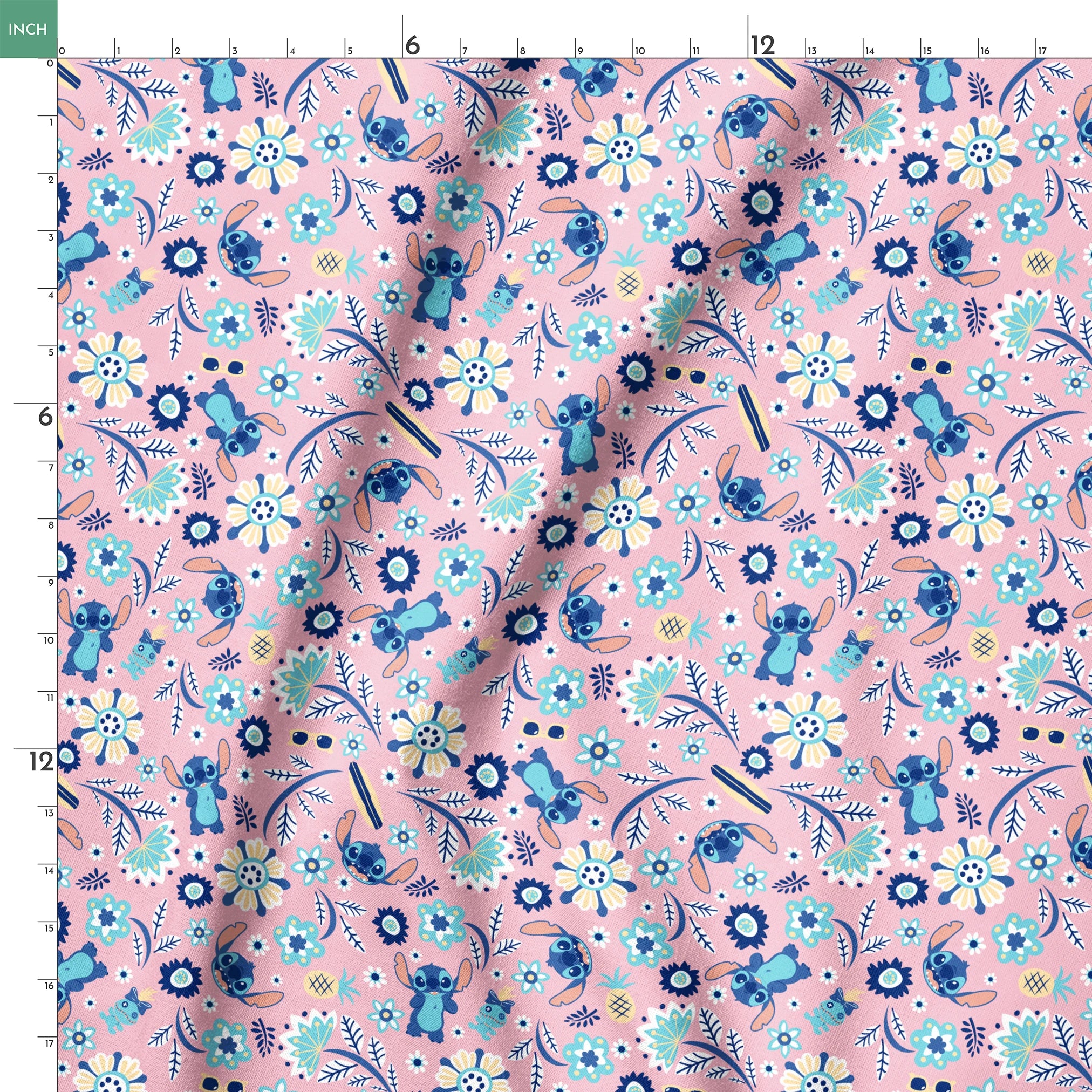 Floral pattern with Disney's Stitch, white daisies, and mint green accents on pink background springs ruler 18x18
