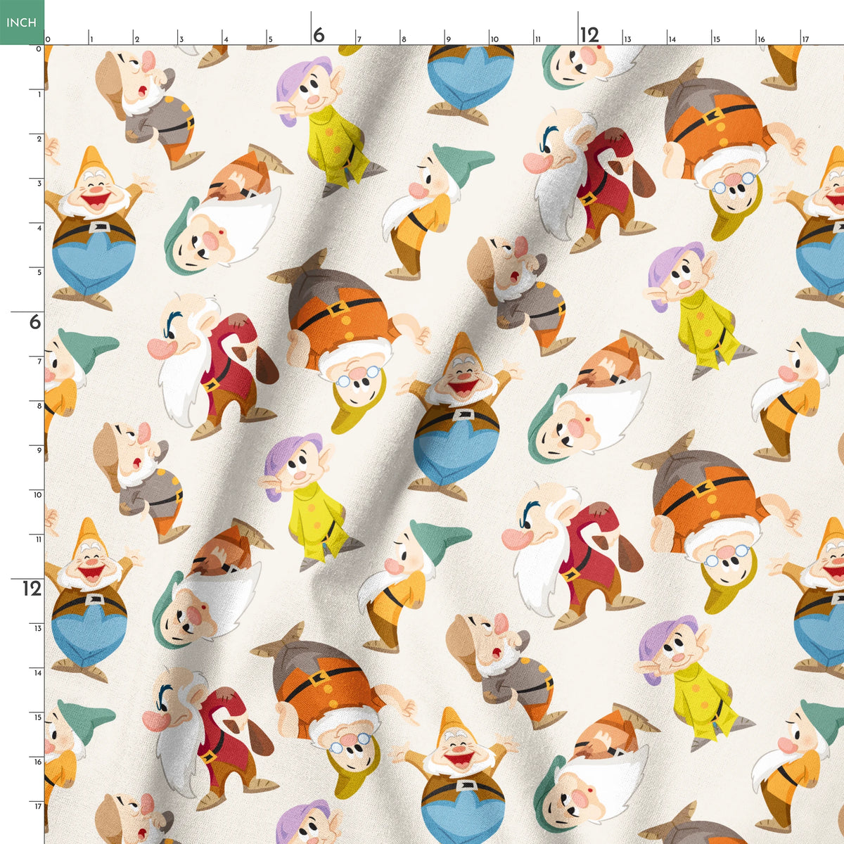 Colorful pattern of small cartoon dwarfs in different colored outfits and hats scattered on cream background springs ruler 18x18