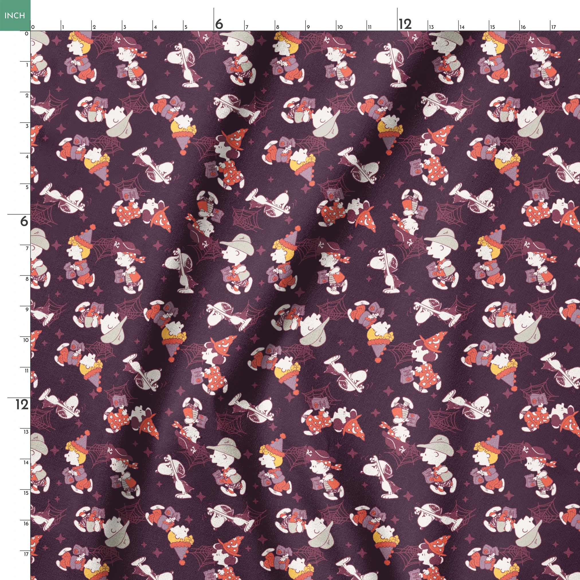 Snoopy and Peanuts characters in Halloween costumes scattered on dark purple background springs ruler 18x18