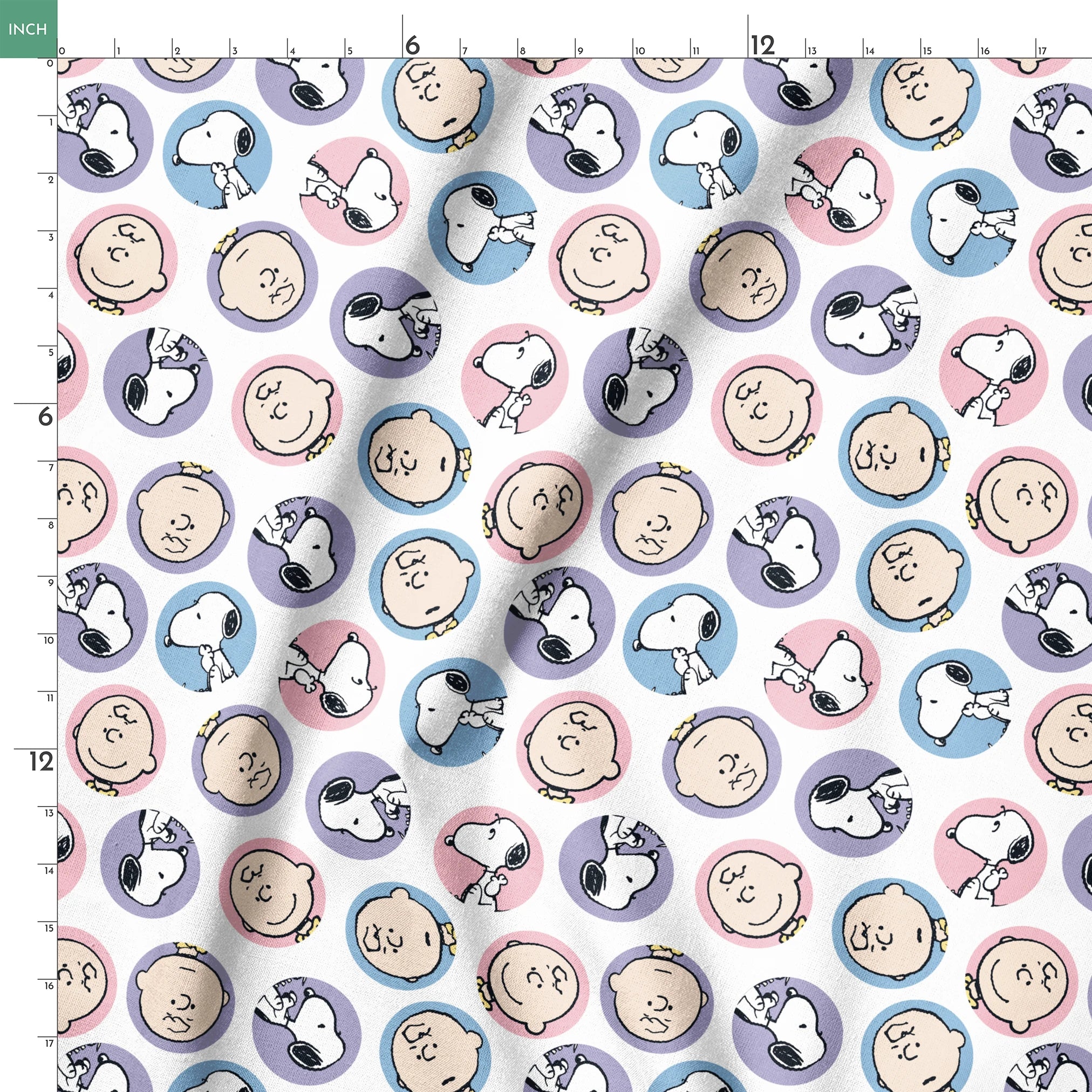 Peanuts cartoon pattern with Charlie Brown and Snoopy circular portraits in pink, blue and purple springs ruler 18x18