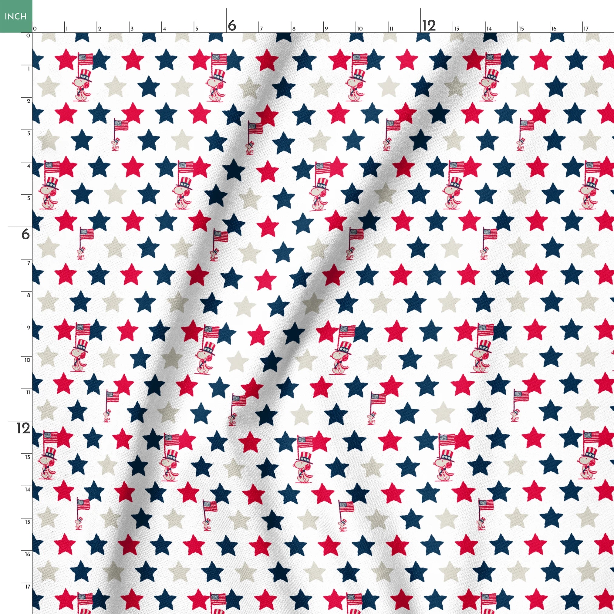 Peanuts Patriotic pattern with red, white, and blue stars alongside American flag poles on white background springs ruler 18x18