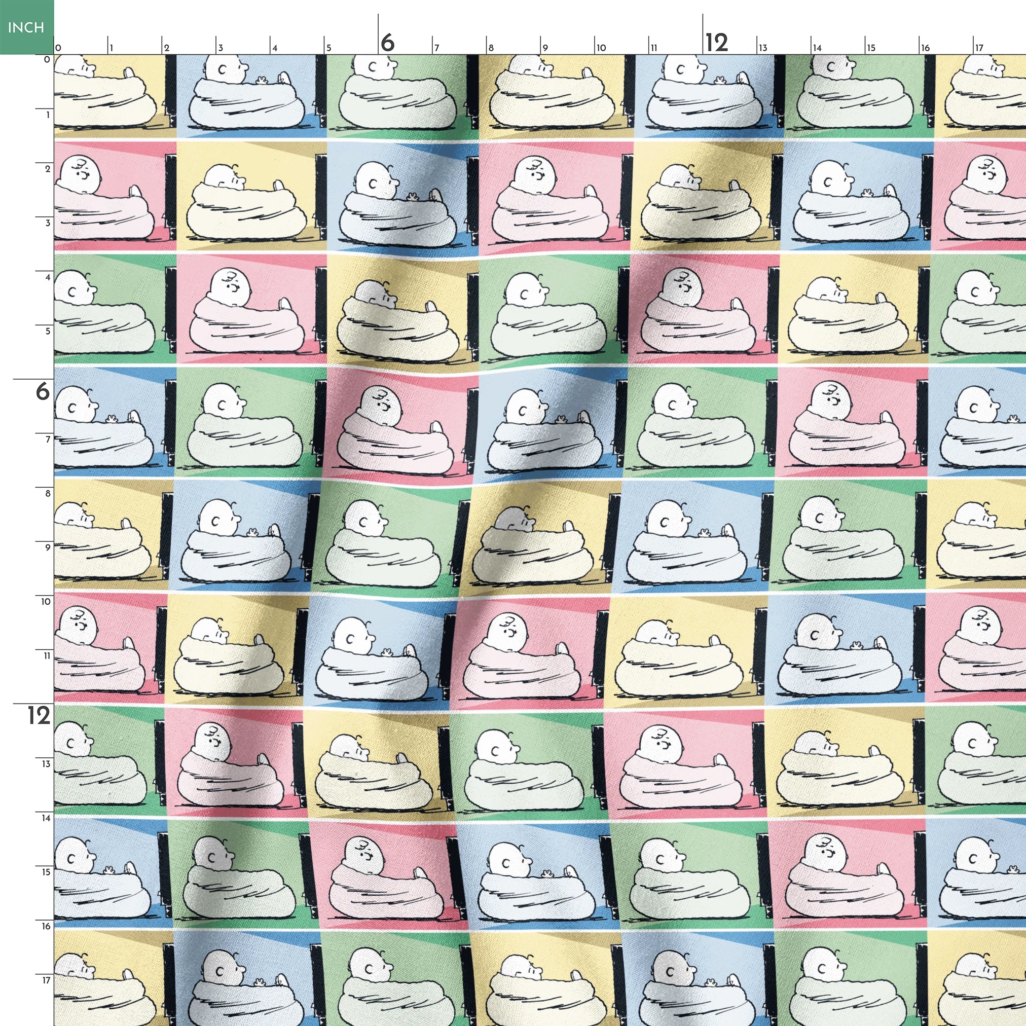 Charlie Brown resting on a white bed/nest in a grid of 12 colorful panels with pastel backgrounds. springs ruler 18x18