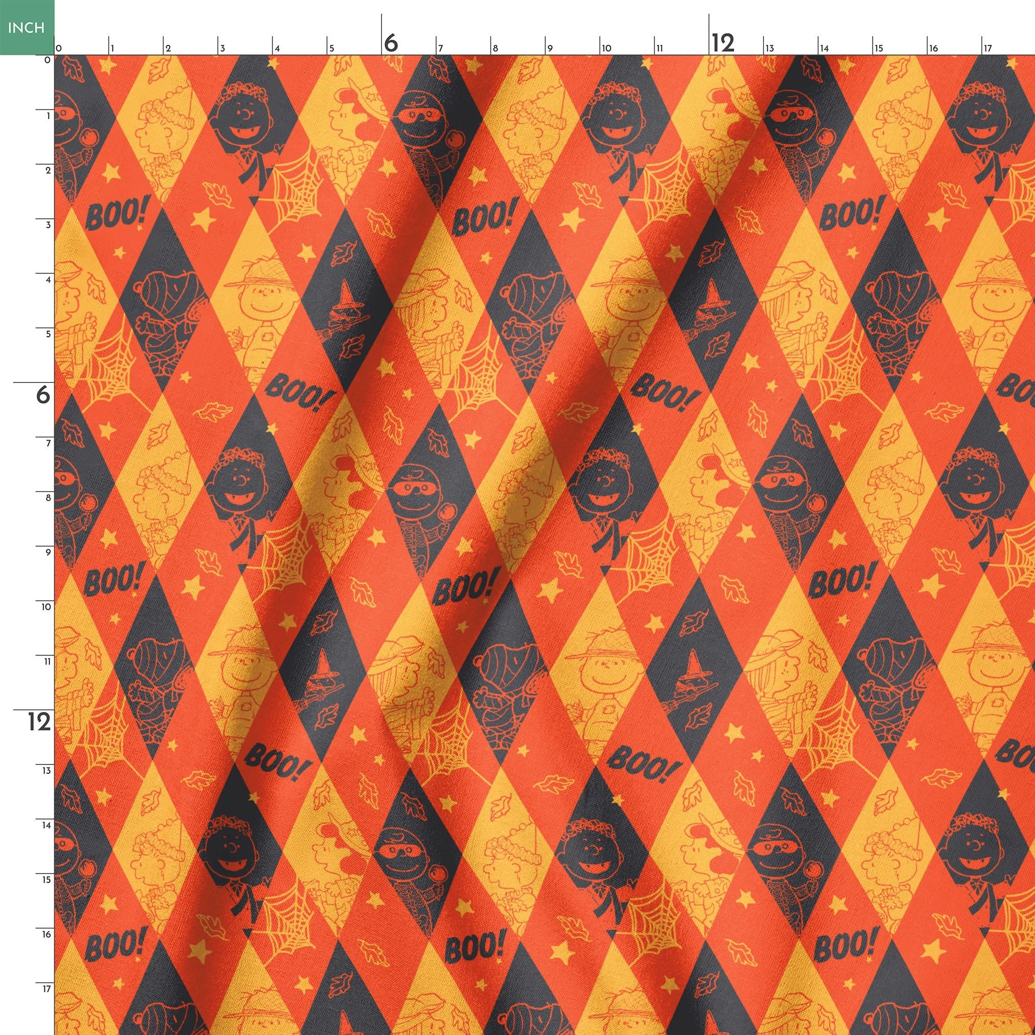 Peanuts Halloween pattern with diamond shapes in orange, yellow, and black featuring Peanuts characters in costumes, webs, "BOO!" text, and seasonal decorations springs ruler 18x18