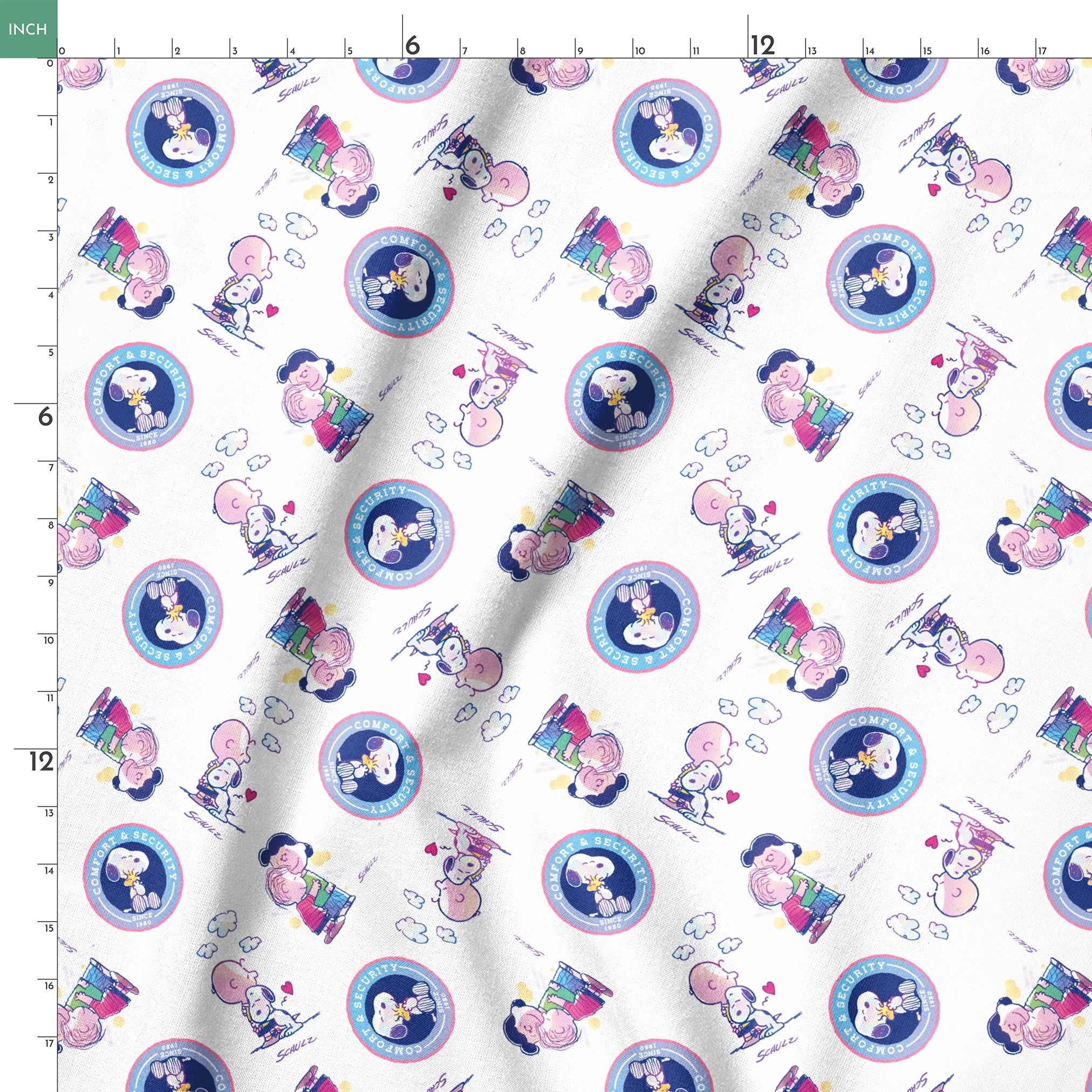 Peanuts cartoon pattern with Snoopy in blue circles and Charlie Brown with books on white background springs ruler 18x18