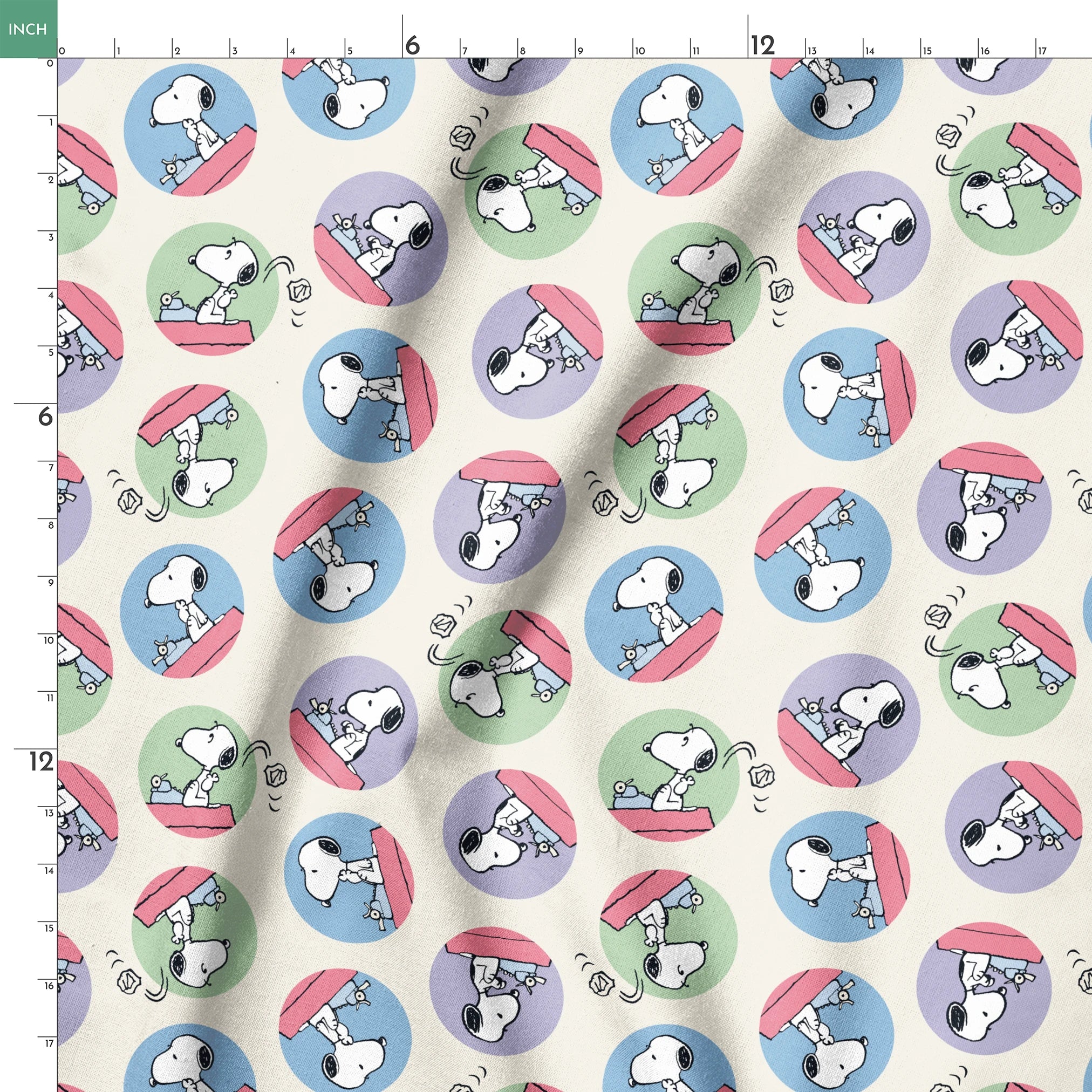 Cartoon Snoopy pattern with the beagle character in circular frames of blue, green, and purple backgrounds springs ruler 18x18