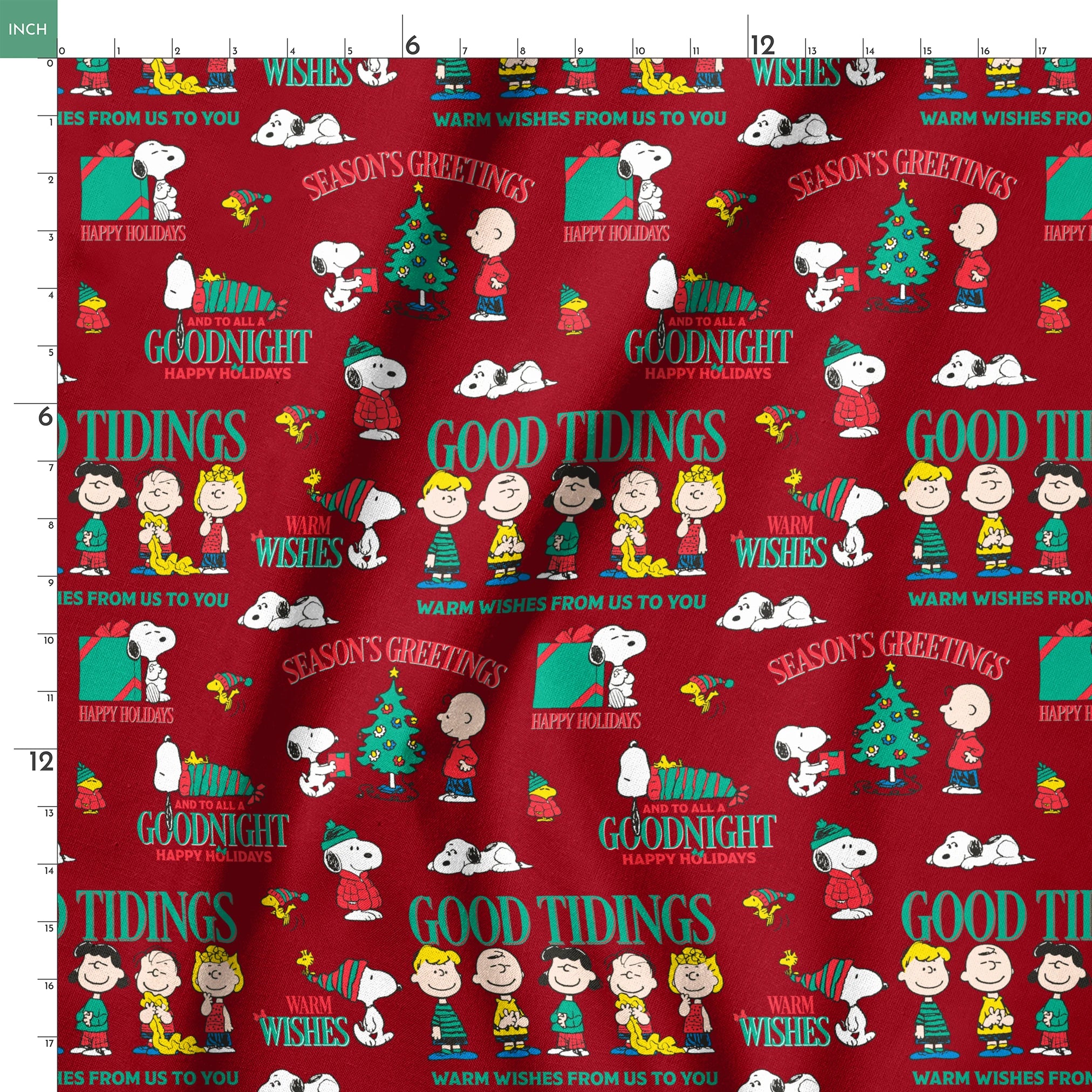 Colorful Peanuts Christmas pattern with Snoopy, Woodstock, and friends with holiday phrases on red background springs ruler 18x18
