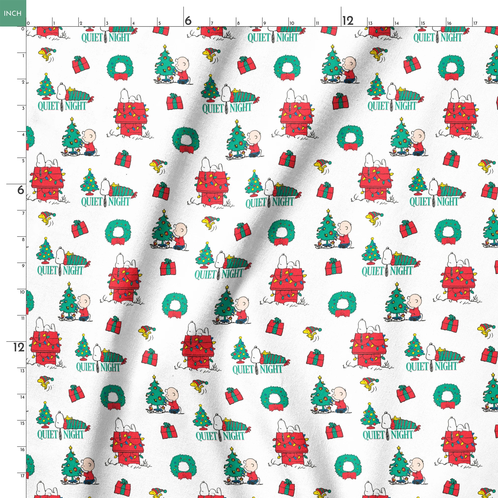 Peanuts Christmas pattern with Snoopy's decorated doghouse, trees, wreaths, and "Quiet Night" text springs ruler 18x18