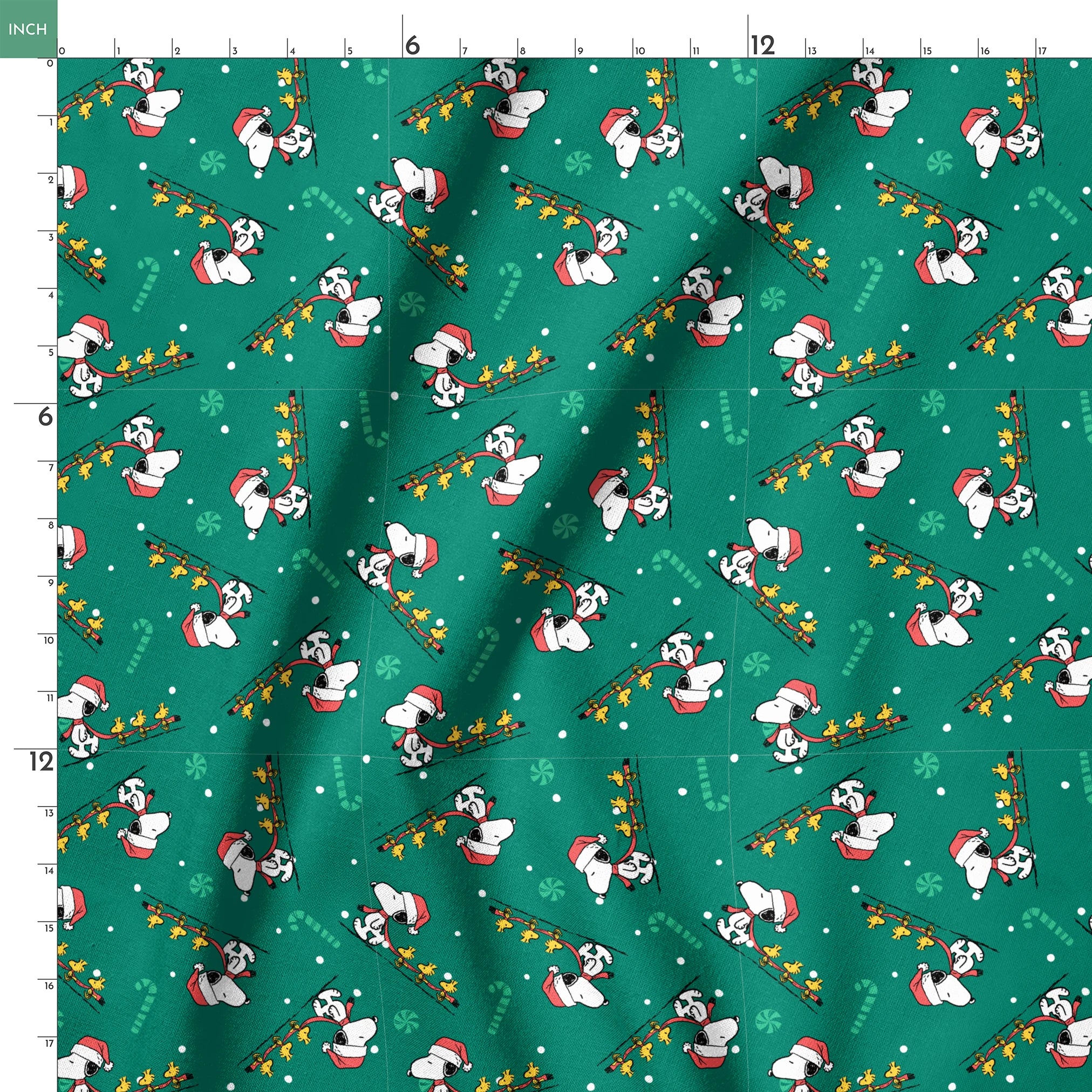 Holiday pattern with Snoopy in Santa hats pulling sleds of stars on green background with candy canes and snowflakes springs ruler 18x18