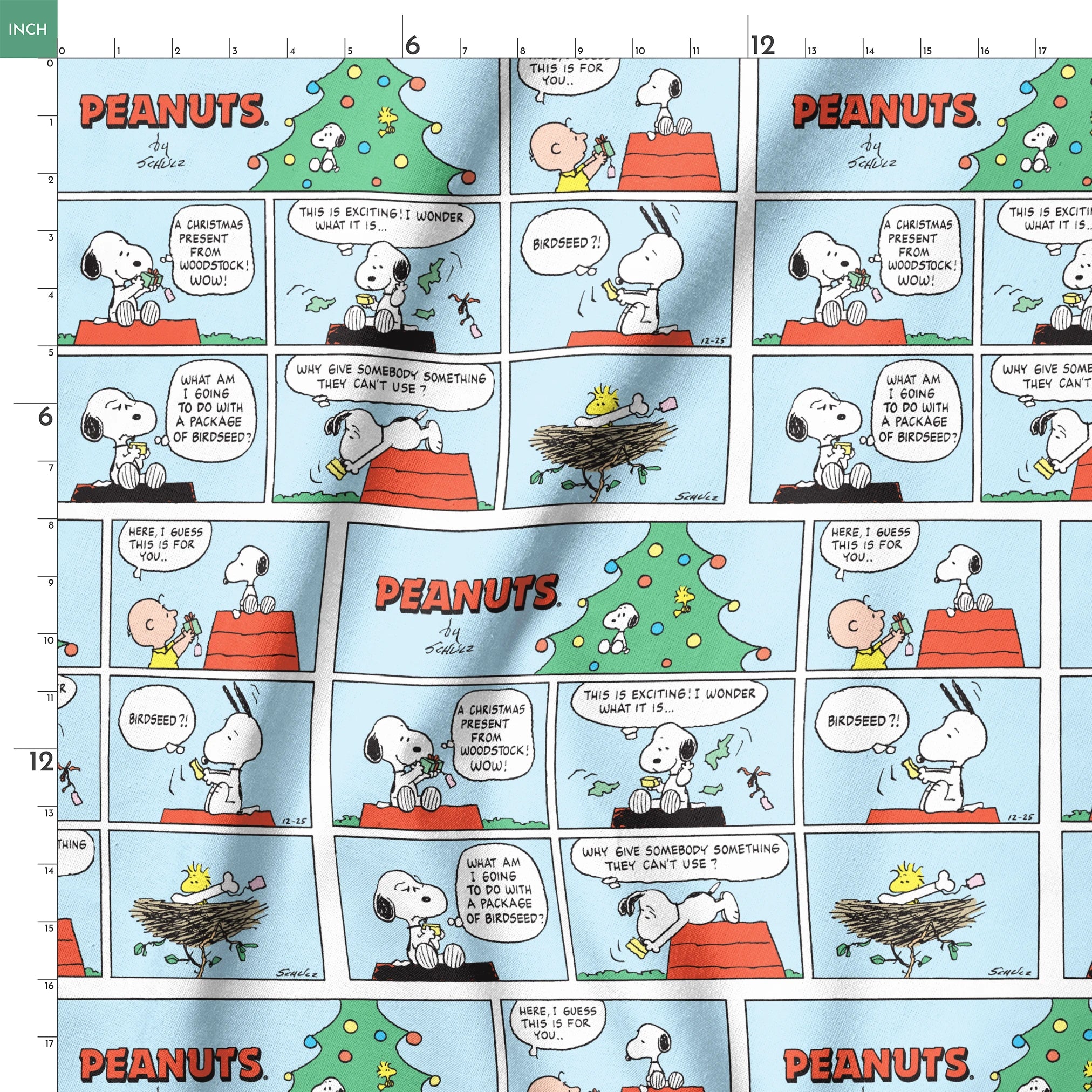 This is a Peanuts comic strip featuring Snoopy on his red doghouse with a Christmas tree visible. The panels show Snoopy preparing and decorating his doghouse for the holidays, with his yellow bird friend Woodstock appearing in a nest with Christmas lights. springs ruler 18x18