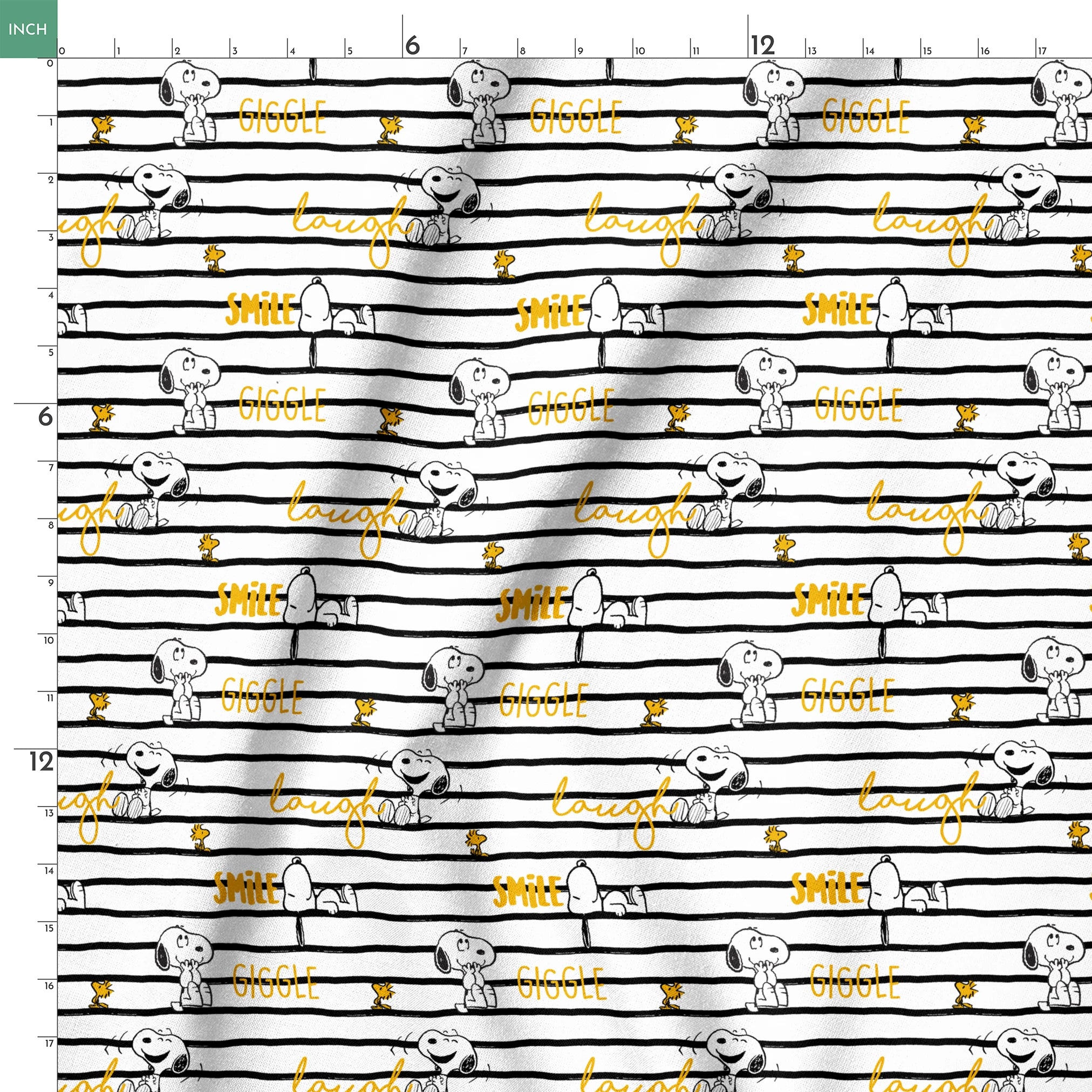 Black and white striped pattern with Snoopy and Woodstock, yellow text saying "giggle," "laugh," "smile springs ruler 18x18