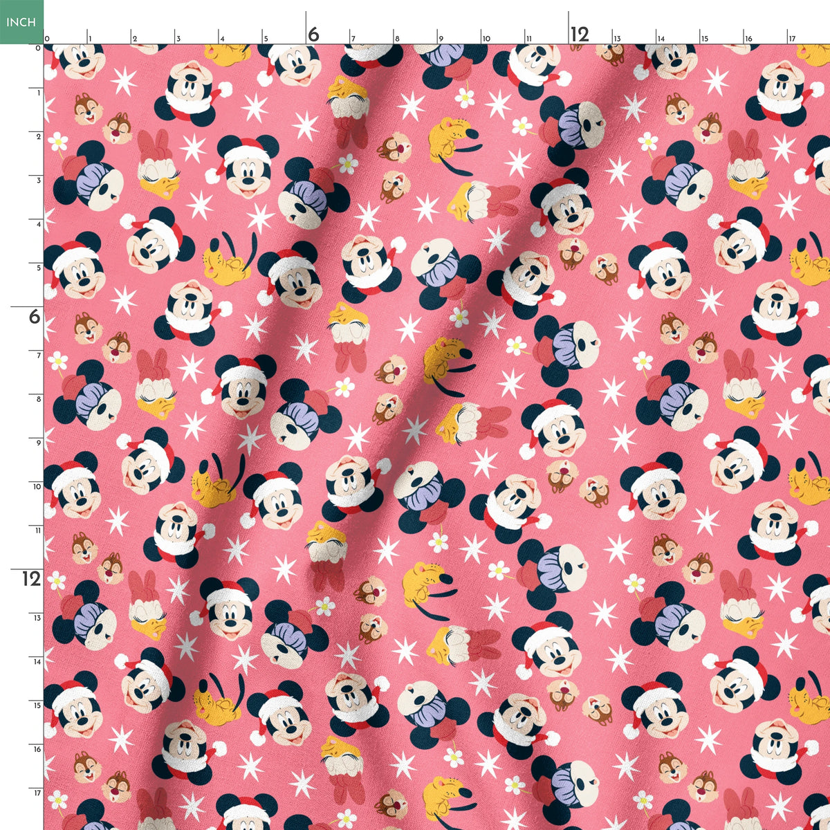 Mickey Mouse pattern with holiday elements on pink background, featuring white stars and gold accents springs ruler 18x18