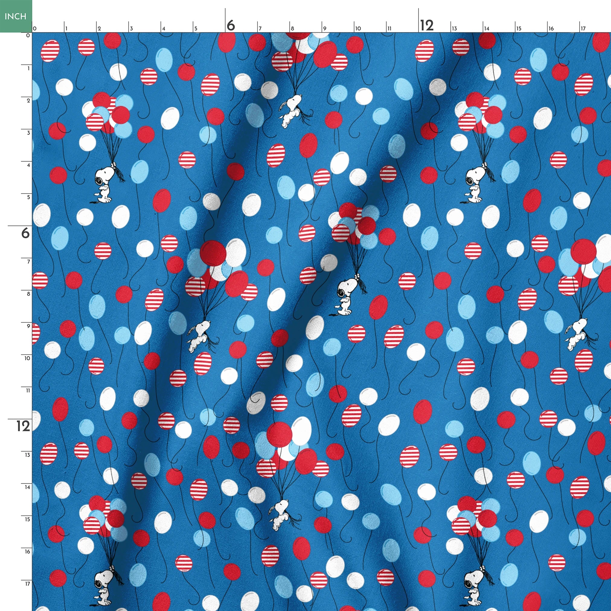 Snoopy patriotic blue pattern with red, white, and blue balloons and stars in American flag style springs ruler 18x18