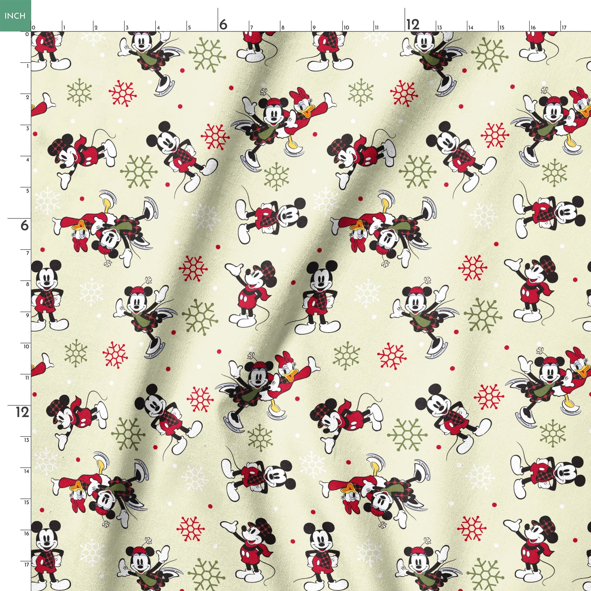 Holiday-themed cartoon mouse pattern with classic characters in red outfits on beige background with snowflakes. springs ruler 18x18