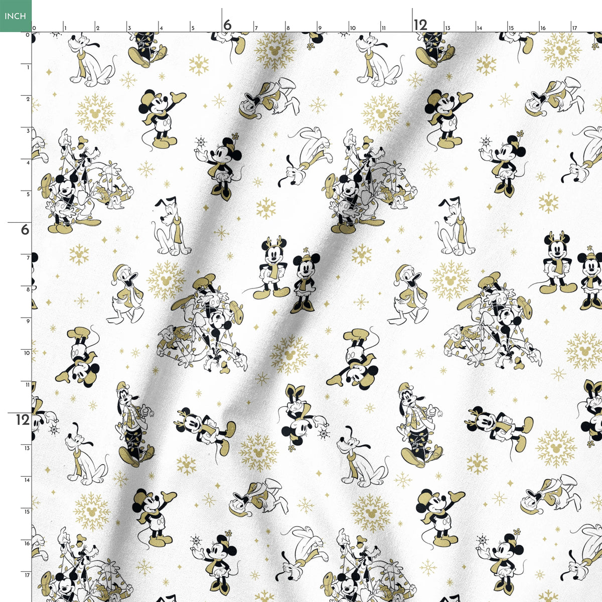 Vintage Disney characters pattern with Mickey, Minnie and Pluto on white background with gold snowflakes springs ruler 18x18