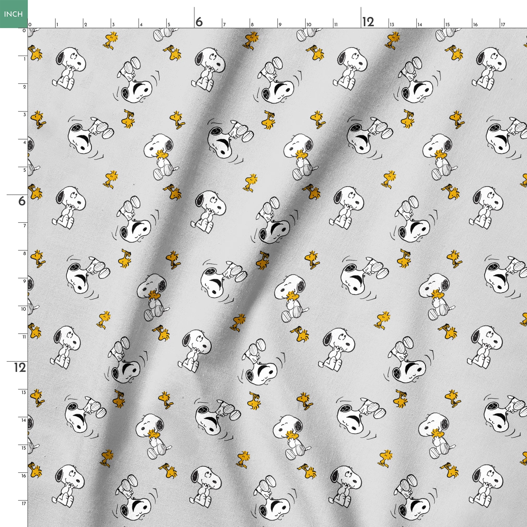 Pattern of Peanut's Snoopy and Woodstock on light gray background springs ruler 18x18