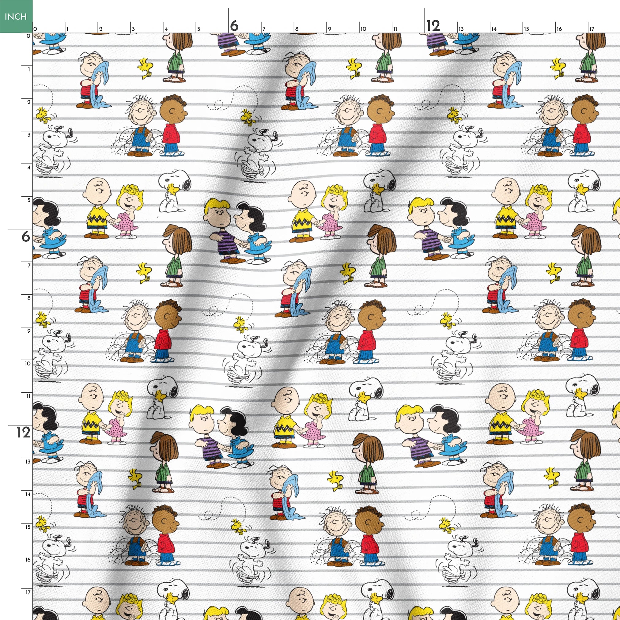 Peanuts cartoon characters on striped background, including Snoopy, Woodstock, and friends with their signature traits and poses. springs ruler 18x18