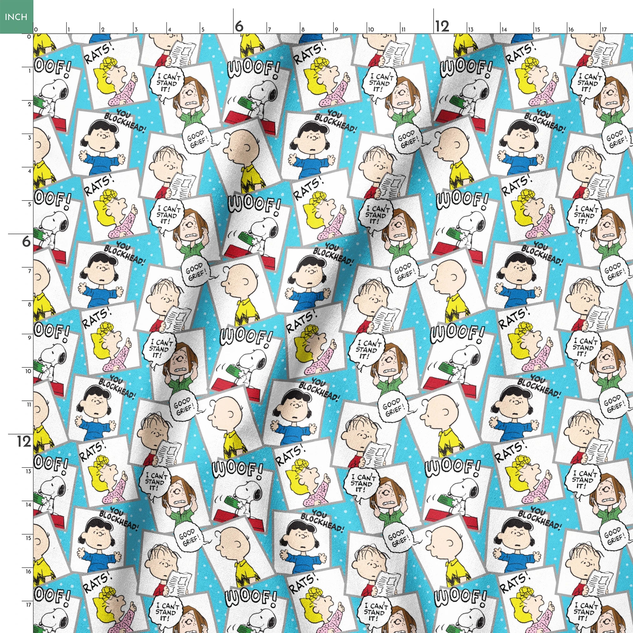 Peanuts comic characters in various expressions - Snoopy saying "WOOF!", speech bubbles with "RATS!", "I CAN'T STAND IT!", "YOU BLOCKHEAD!" and "GOOD GRIEF! springs ruler 18x18