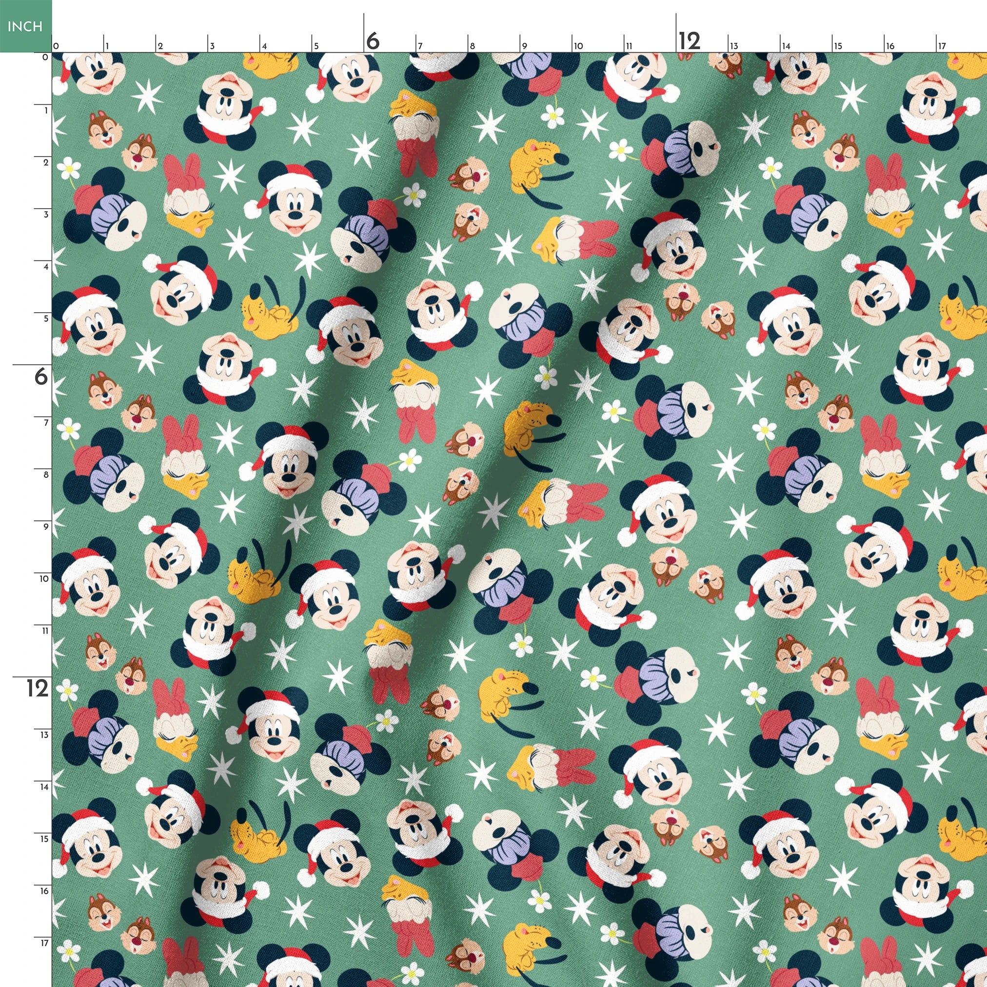 Mickey Mouse holiday pattern with characters wearing Santa hats on green background with stars and ornaments springs ruler 18x18