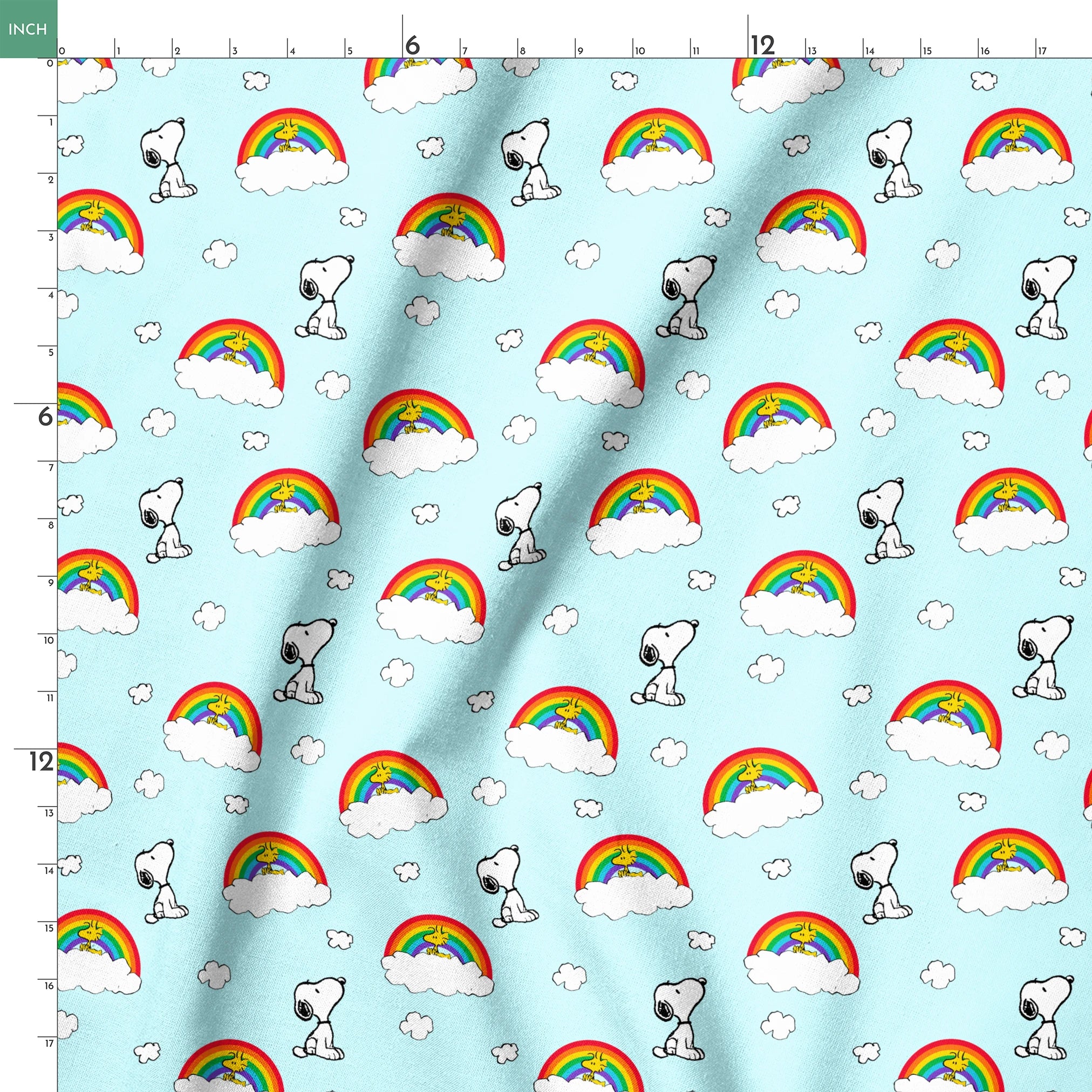 Snoopy and Woodstock characters on light blue background with rainbows, clouds and white fluffy clouds springs ruler 18x18