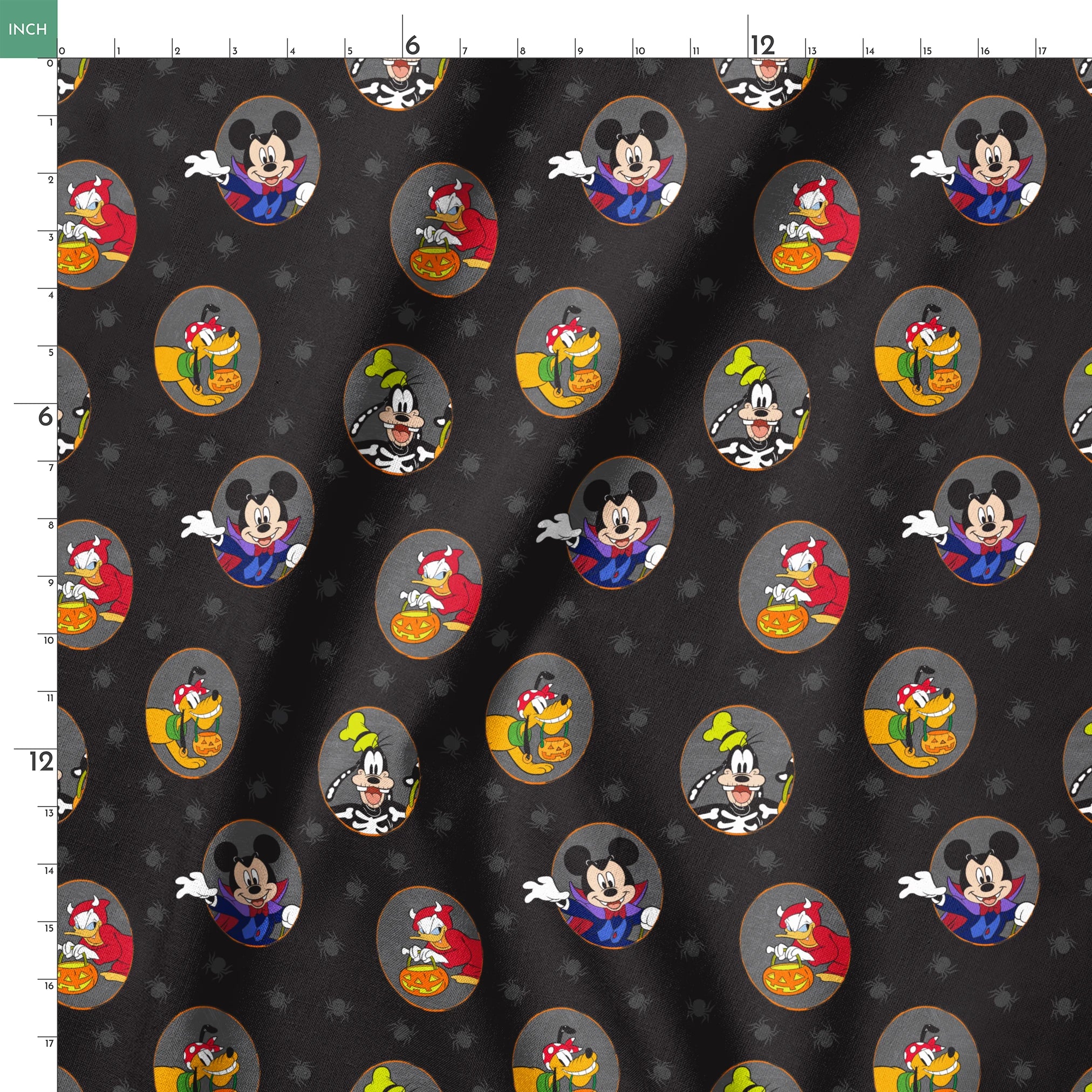 Disney characters in Halloween costumes on black background with spider pattern. Mickey as vampire, Donald with pumpkin, Pluto with candy. springs ruler 18x18