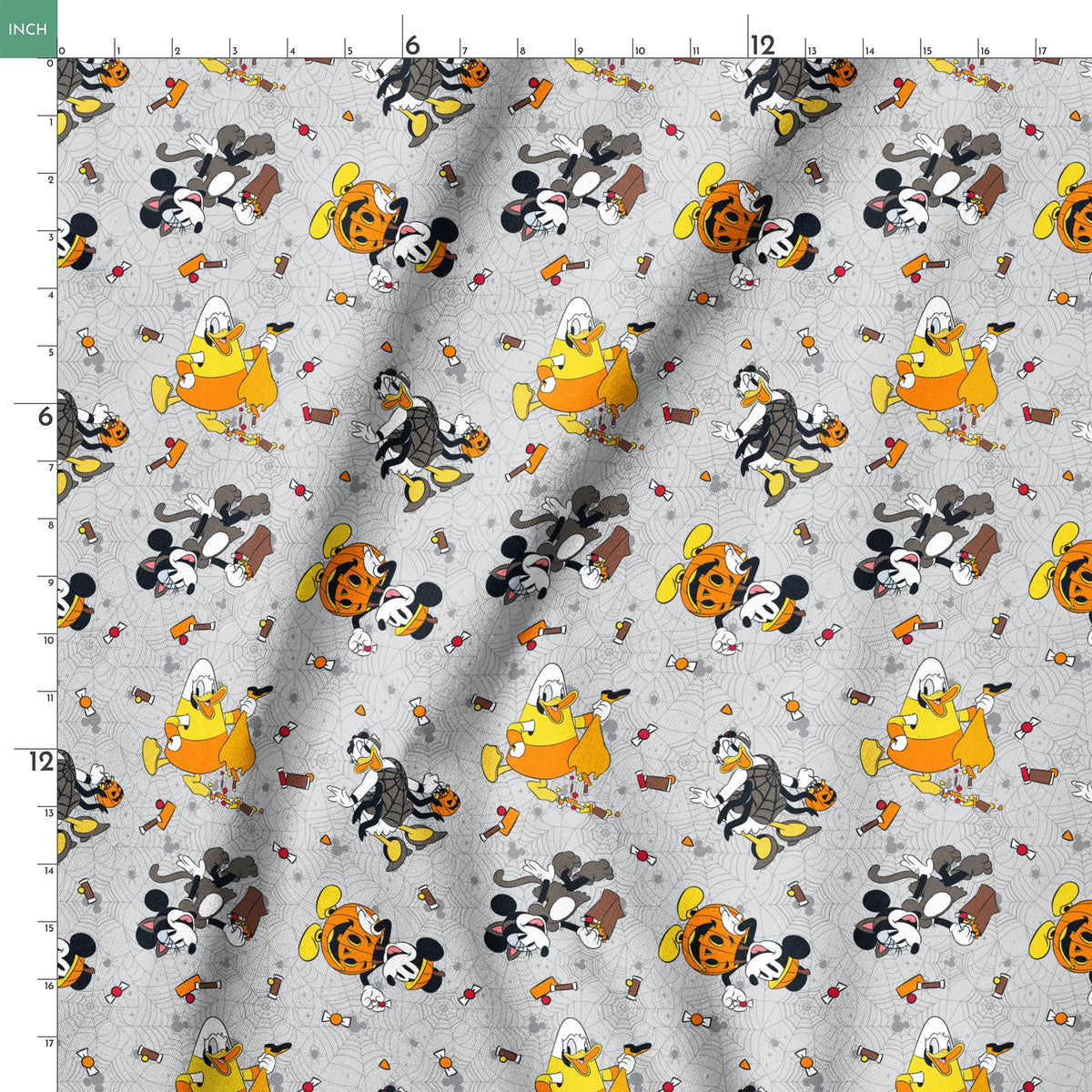 Disney characters on gray spider web pattern with candy corn scattered throughout, Halloween themed design. springs ruler 18x18
