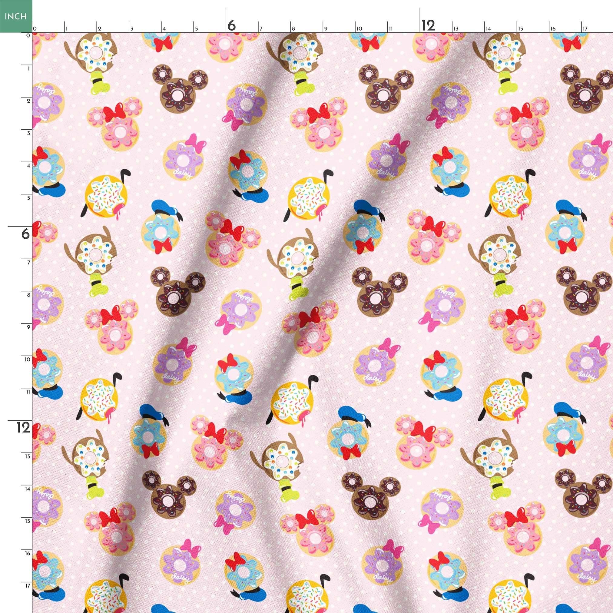 Mickey Mouse & friends donuts in various shapes on a pink polka dot background. springs ruler 18x18