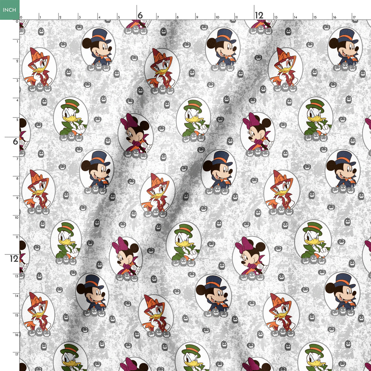 Disney Halloween pattern with Mickey in top hat, Donald in green hat, and Daisy in witch hat on gray background with pumpkins. springs ruler 18x18