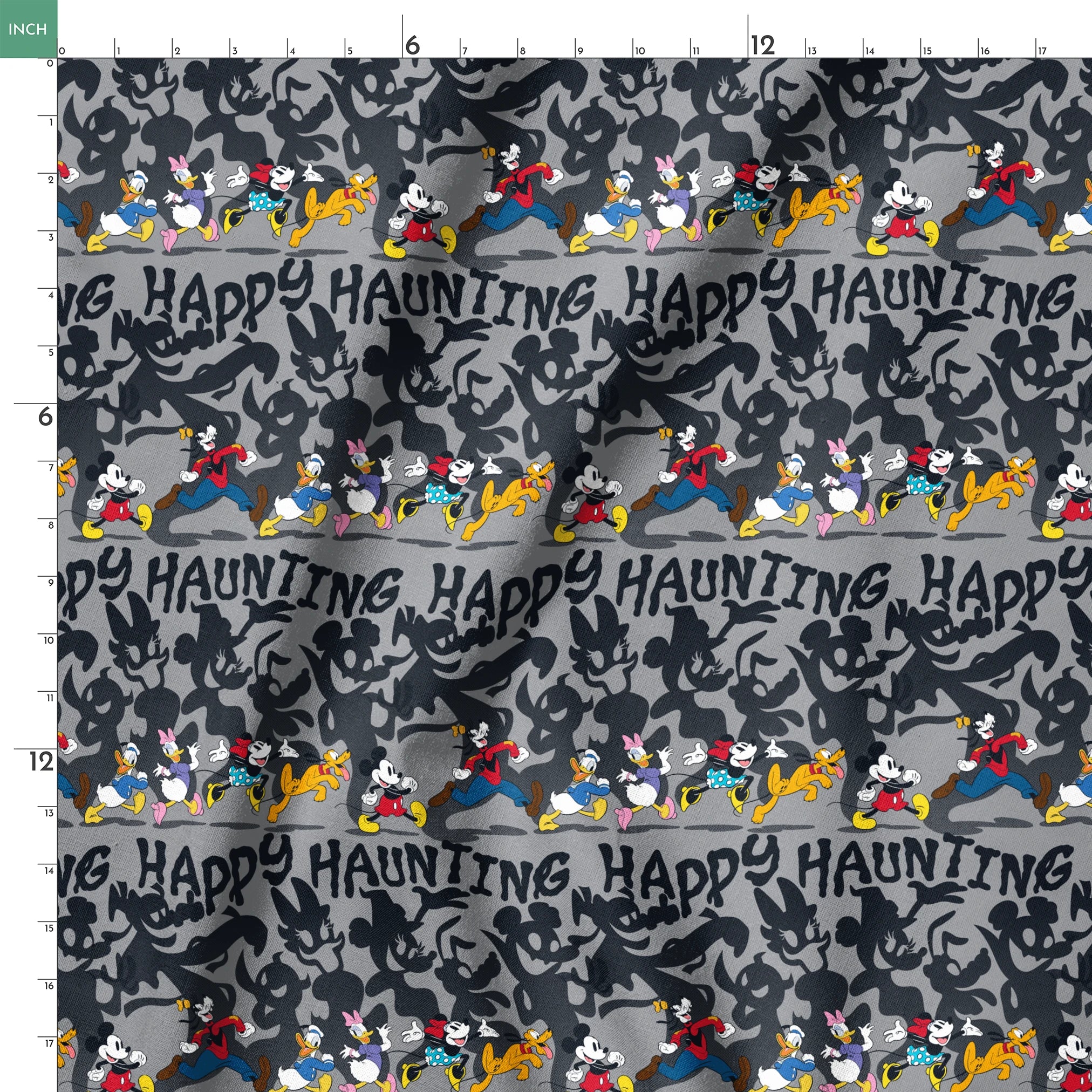 Classic Disney characters on dark gray background with "Happy Haunting" text, Mickey, Donald, and friends in Halloween-themed poses. springs ruler 18x18