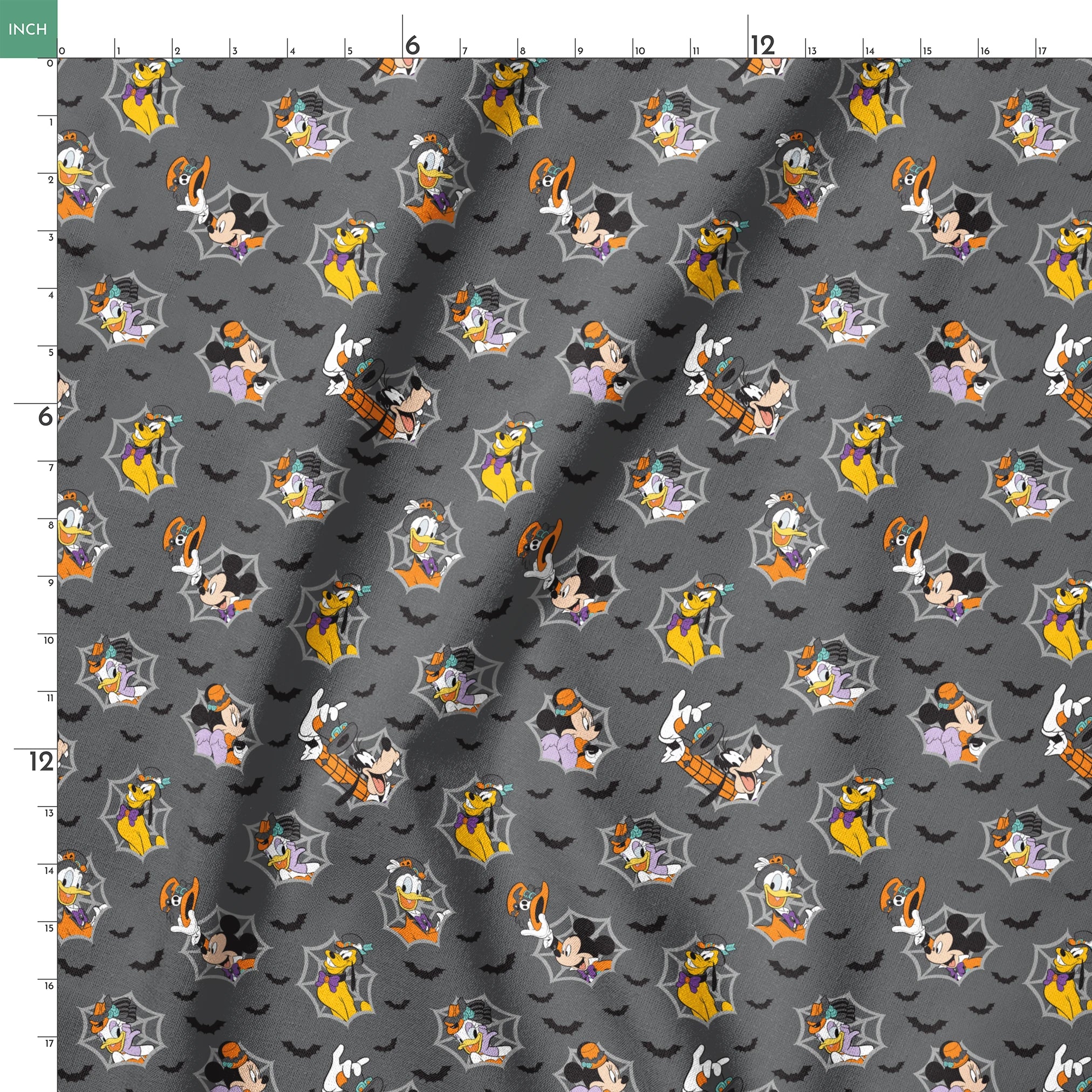 Disney cartoon characters in Halloween costumes on gray background with spider webs and bats springs ruler 18x18