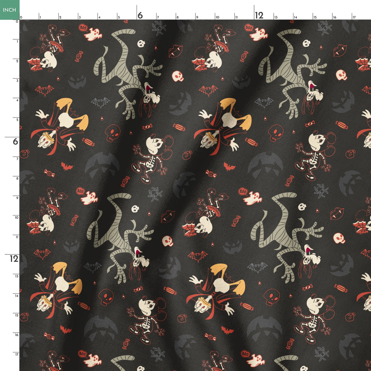 Disney Halloween pattern with Mickey & friends and candy on dark background springs ruler 18x18