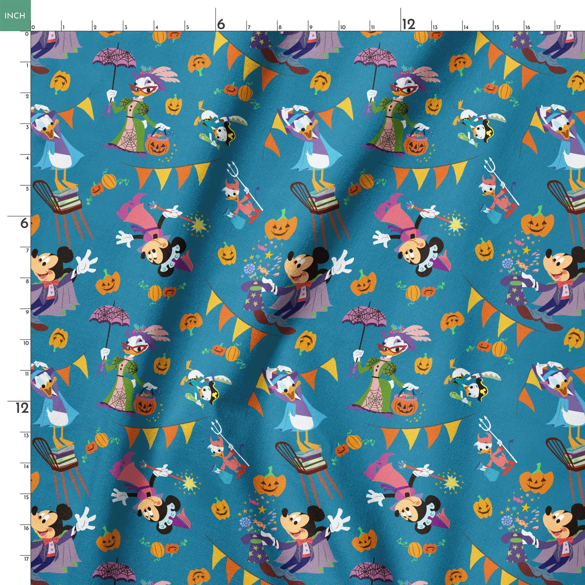 Whimsical Halloween pattern with Disney characters in costumes, pumpkins, and orange bunting on teal background. springs ruler 18x18