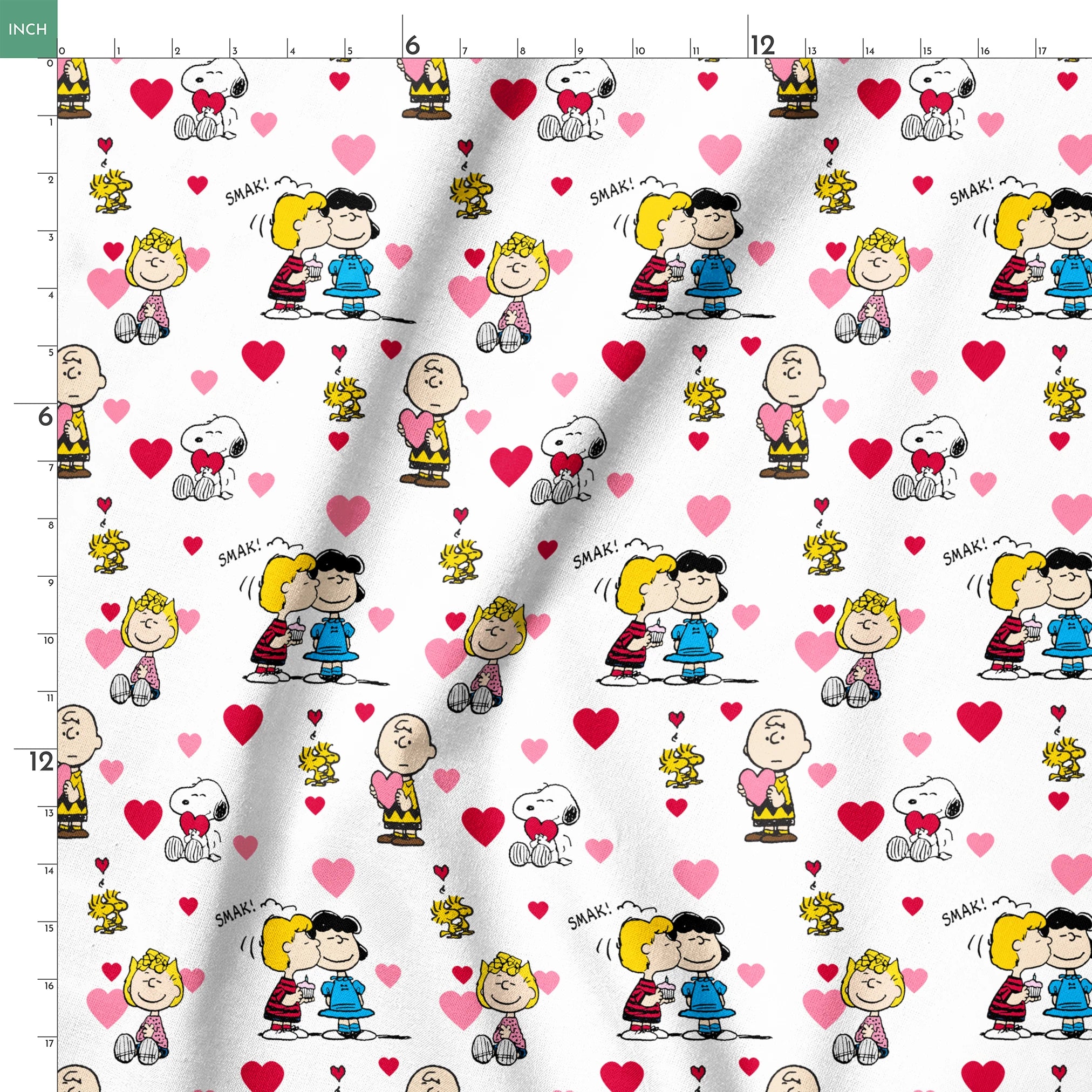 Peanuts cartoon characters with heart motifs, featuring Snoopy, Woodstock, and others in a Valentine's theme springs ruler 18x18