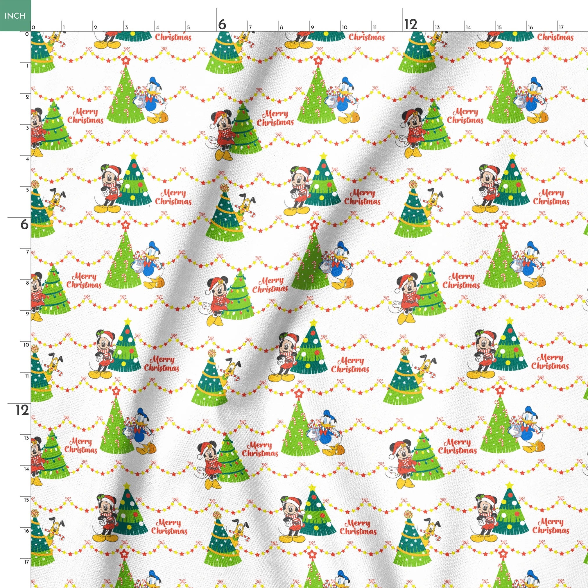 Disney Christmas pattern with Mickey, Minnie, and Donald beside decorated trees with star garland borders springs ruler 18x18