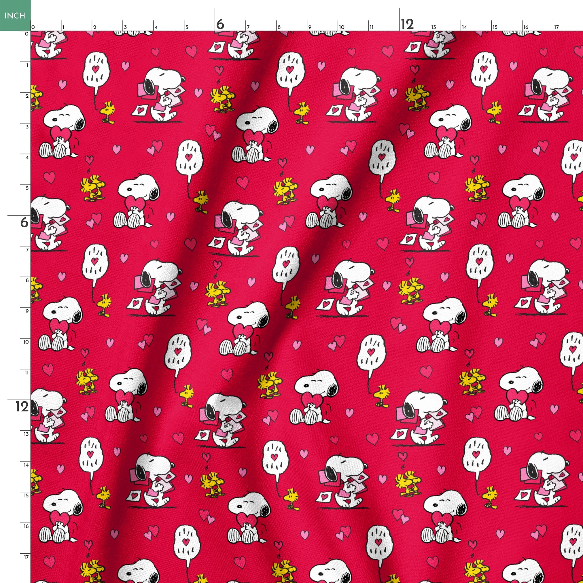 Snoopy and Woodstock pattern with hearts on bright red background, Valentine's theme springs ruler 18x18