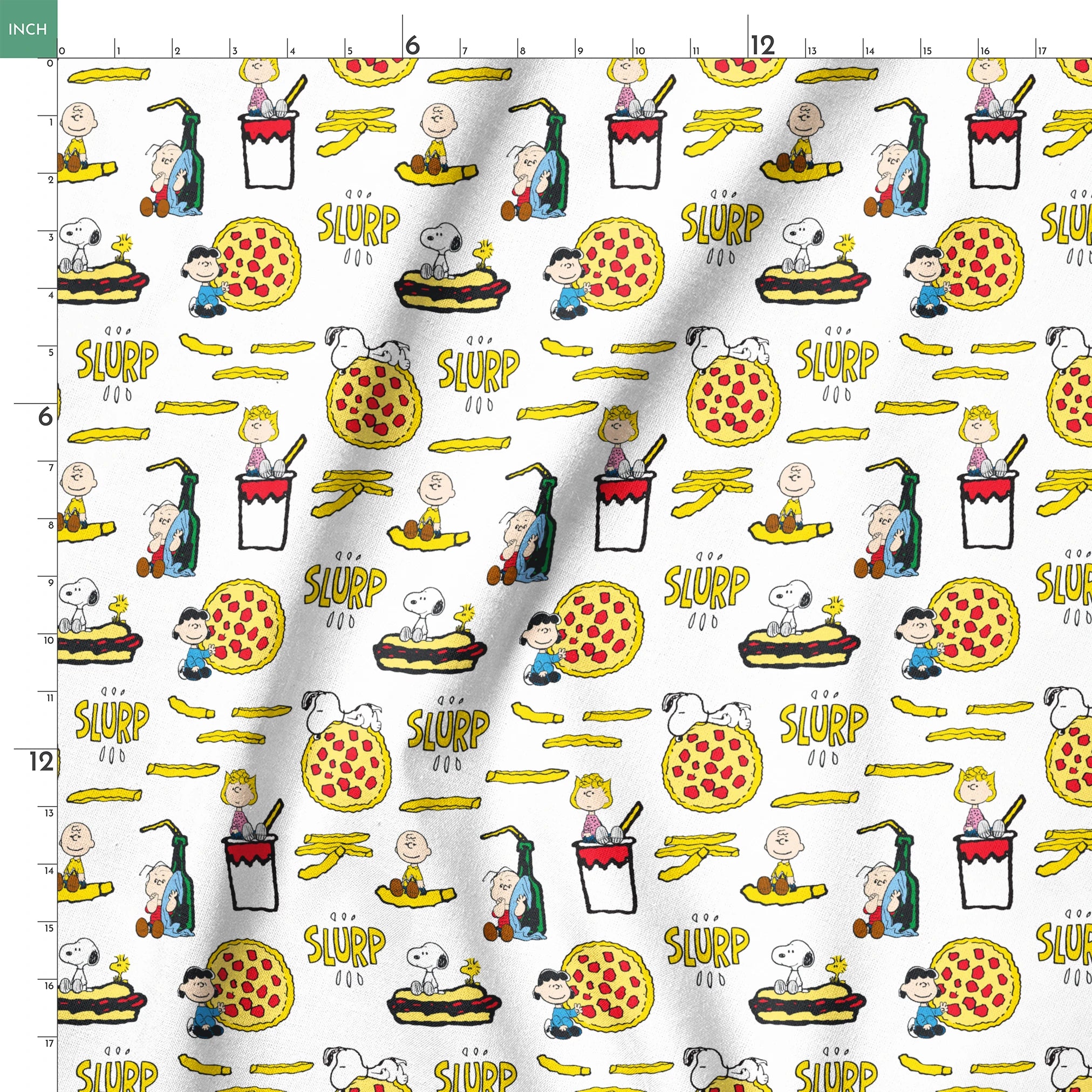 Peanuts cartoon characters with pizza, hot dogs, and "SLURP" text in a repeating pattern springs ruler 18x18
