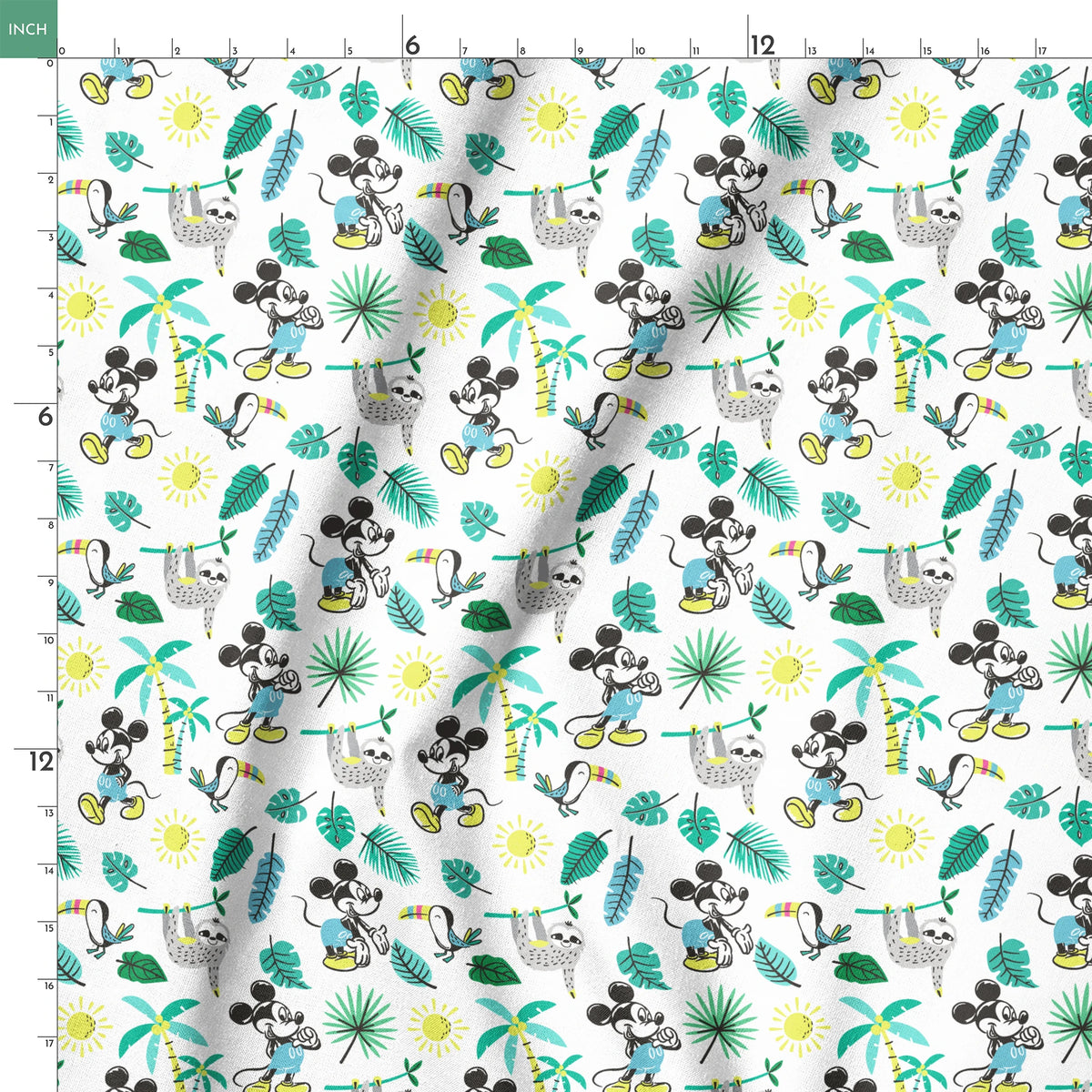 Tropical pattern with cartoon characters, sloths, toucans, palm leaves, and suns on white background springs ruler 18x18